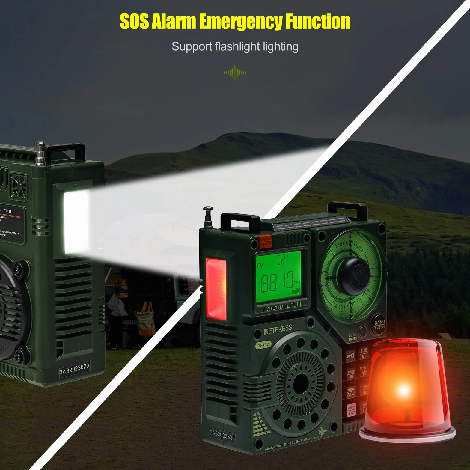 Retekess TR112 Radio Multiband Bande,FM VHF MW SW WB AIR Radio,Basse Stereo SOS Avviso,Controllo Telecomando per Applicazioni Intelligenti,MP3/TF,Campeggio,Pesca(Verde)