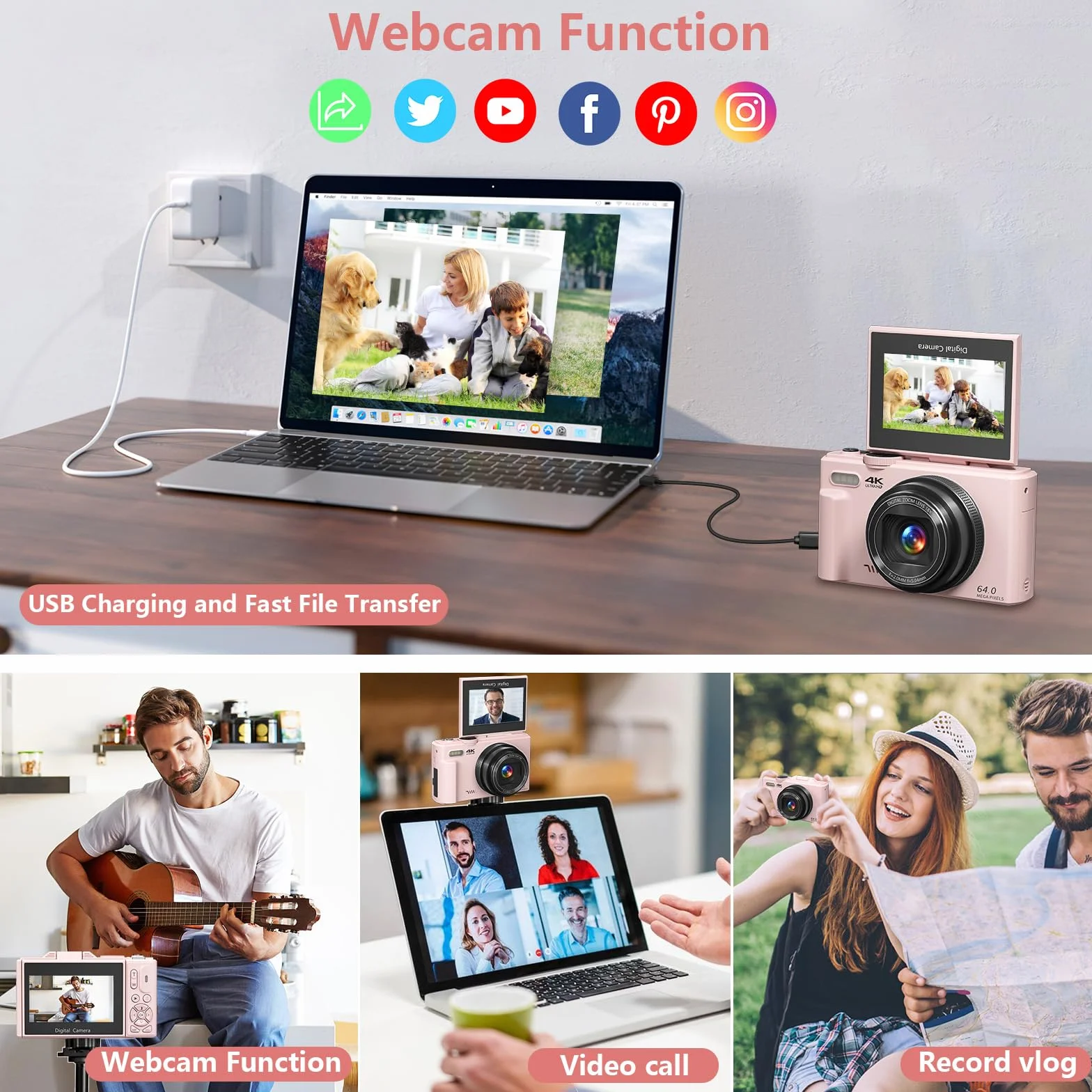 Fotocamera digitale per fotografia, 4K Vlogging Camera per YouTube 3 pollici 180° Flip Screen Zoom digitale 18X Fotocamera compatta con 32GB TF Card & 2 Batterie, Rosa
