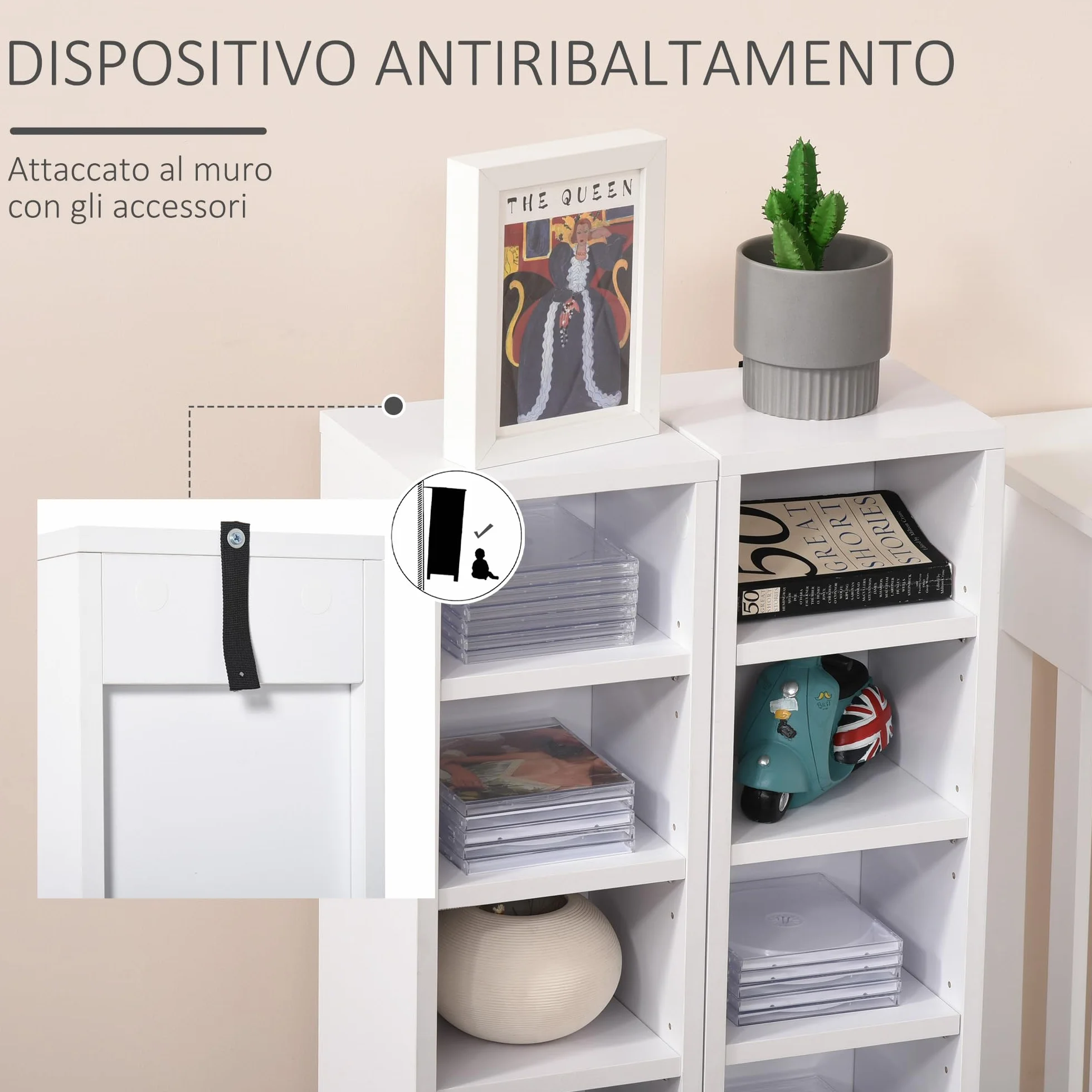 HOMCOM Set 2 Pezzi Scaffali a Colonna Porta CD e DVD a 12 Ripiani Regolabili per 204 CD, Mobile Libreria Alto Salvaspazio in Legno per Camera, Soggiorno e Ufficio, 21x22.5x88.5 cm, Bianco
