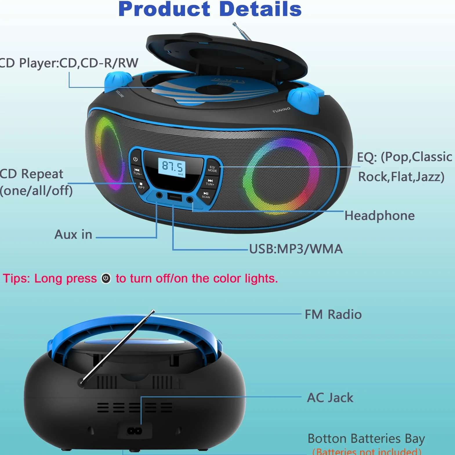 Lettore CD Radio portatile per bambini Boombox, con Bluetooth | Radio FM | USB | MP3 | Compatibile con CD-R/CD-RW, lettore CD radio