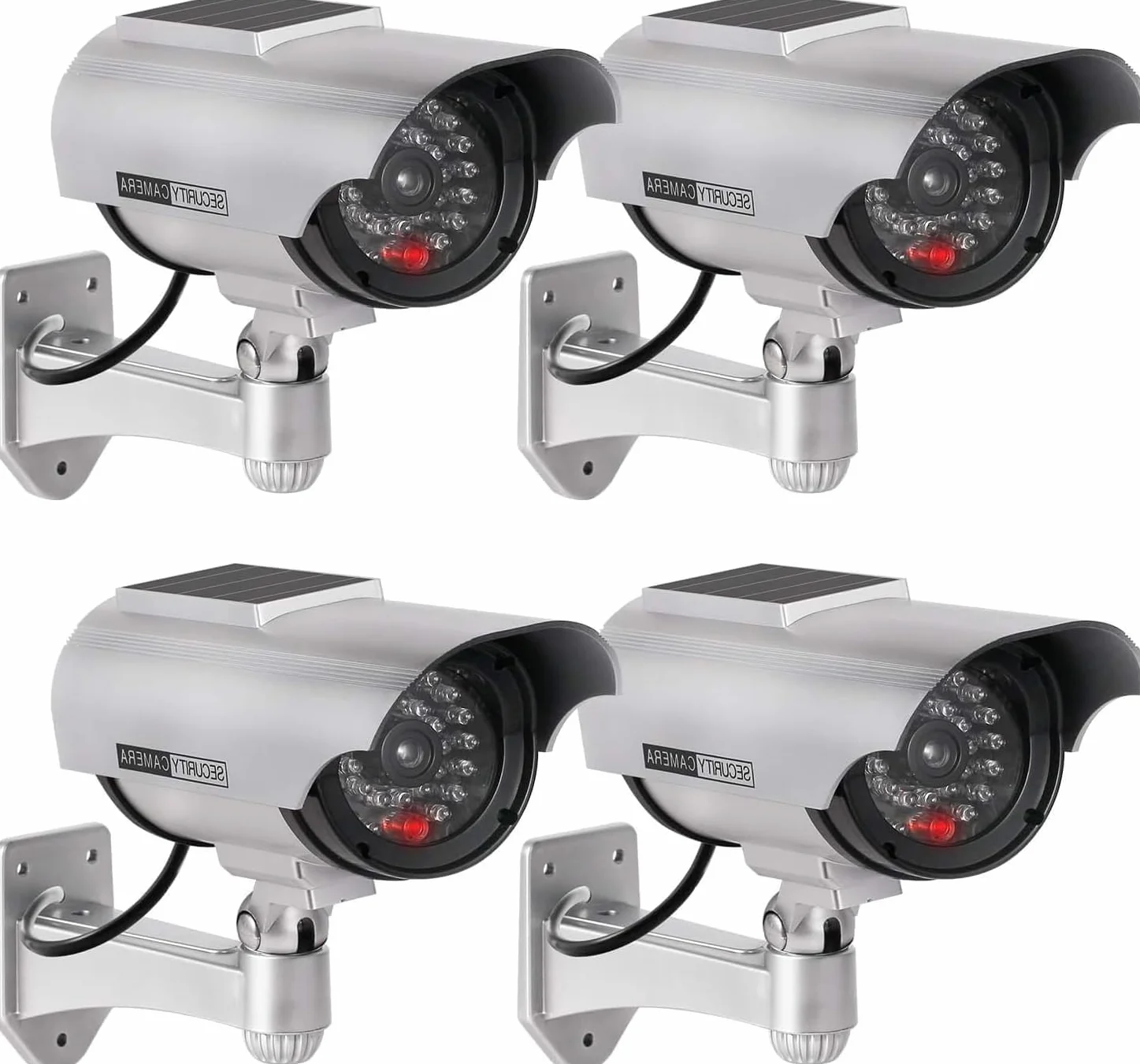 ERWEY 4 Pezzi Telecamera Finta di Sicurezza Solare, Telecamera di Sorveglianza CCTV Simulata per Uso Interno o Esterno con Luce LED Lampeggiante (Argento)