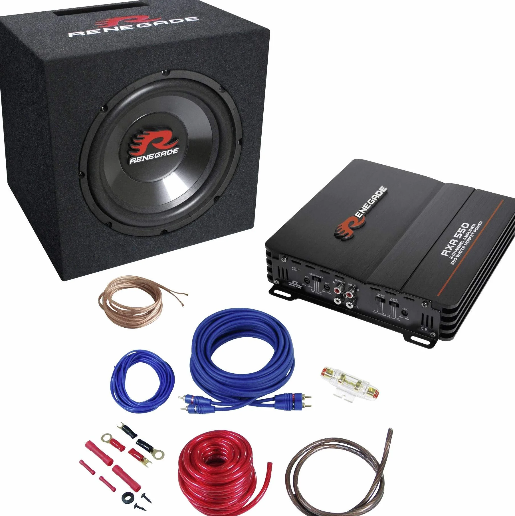 Kit Subwoofer in Cassa Reflex 25 cm 500W, Amplificatore 2 Canali Mosfet Classe AB 550W Max + Kit Cavi compatibile con Renegade Rbk 550xl Garanzia Italia