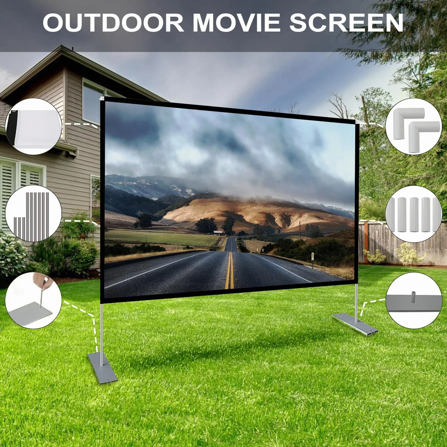 SKERELL Proiettore Schermo con Stand 80 pollice Portable Proiezione Schermo 16:9 4K Proiezioni posteriori HD Schermo con Carrello per Indoor Outdoor Home Theater Backyard