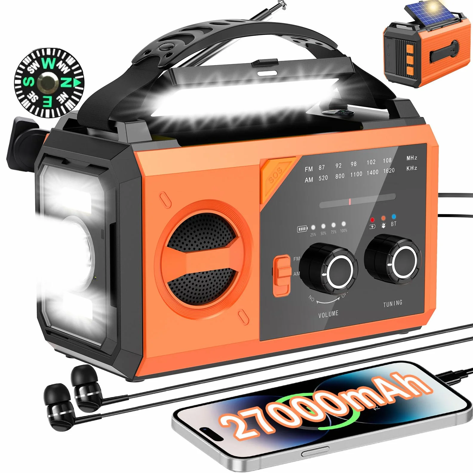 27000mAh Bluetooth Radio a Manovella, BIAOQINBO AM/FM Radio Solare 3 Metodi di Ricarica 8 in 1 Radio Portatile di Emergenza, SOS, Torcia, Bussola, Lampada da Lettura, Presa per Cuffi