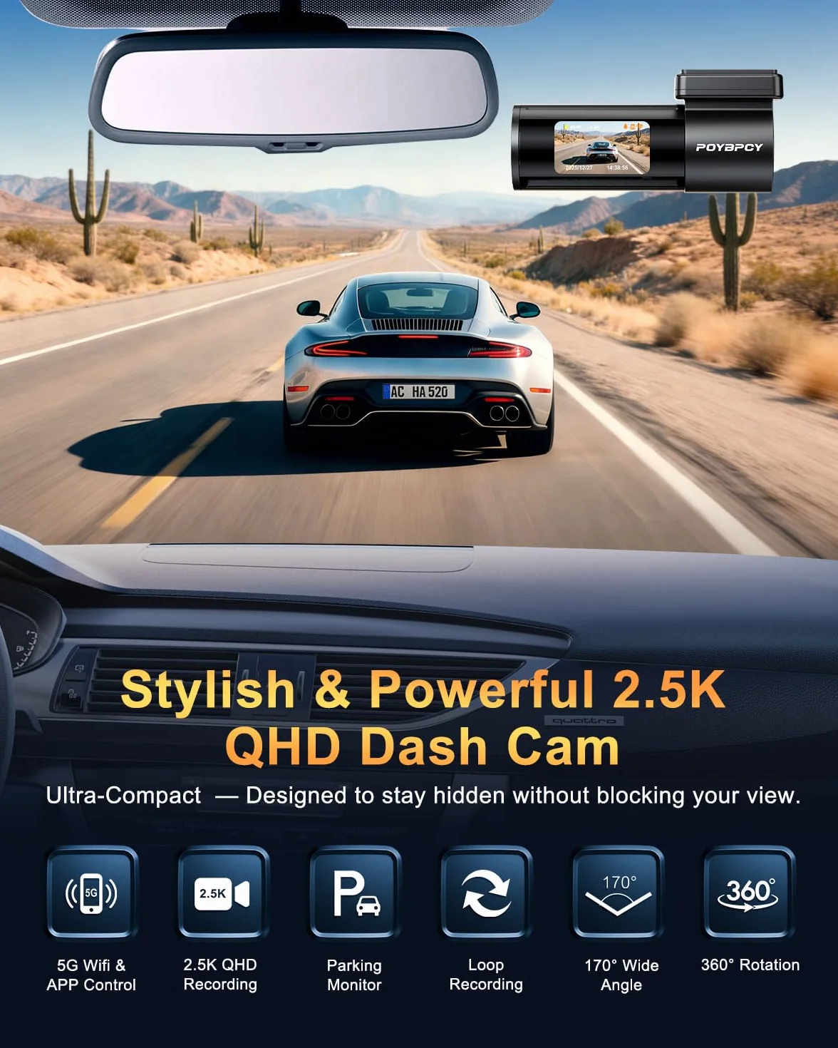 Dash Cam Auto 2.5K WiFi 5G con APP, Mini Dashcam Auto 170° Grandangolo, Telecamera per Auto 360 Gradi Rotabile, Visione Notturna WDR F1.8, G-Sensor, Loop Recording, Parking Monitor e Time-Lapse