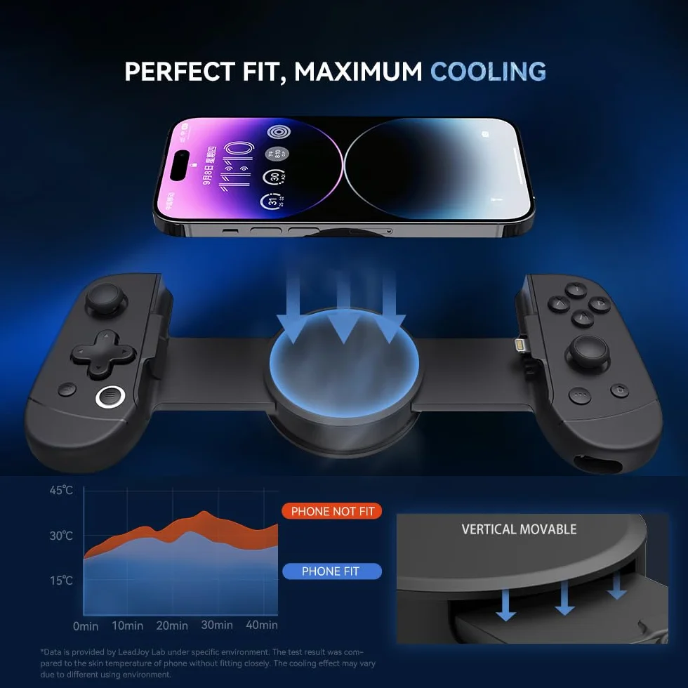 leadjoy Controller per iPhone M1 con funzione di raffreddamento, controller di gioco mobile per iPhone, ricarica pass-through, riproduzione Xbox, GeForceNOW, COD, Diablo, Genshin Impact e altro ancora