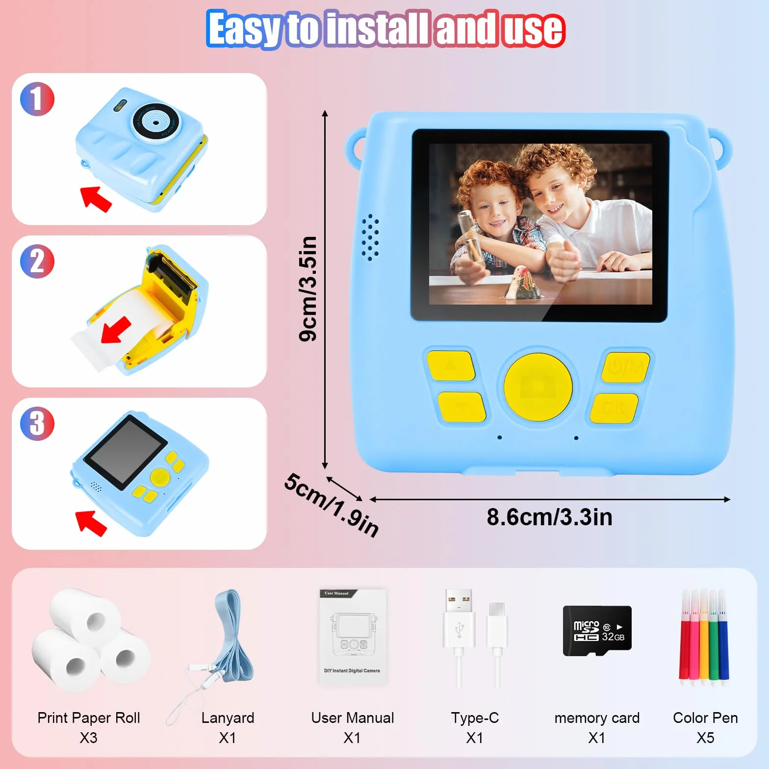 Fotocamera per bambini a stampa istantanea – Fotocamera istantanea 1080P da 6,1 cm, con scheda da 32 G e 3 rotoli di carta fotografica, fotocamera digitale per bambini, giocattoli di Natale e