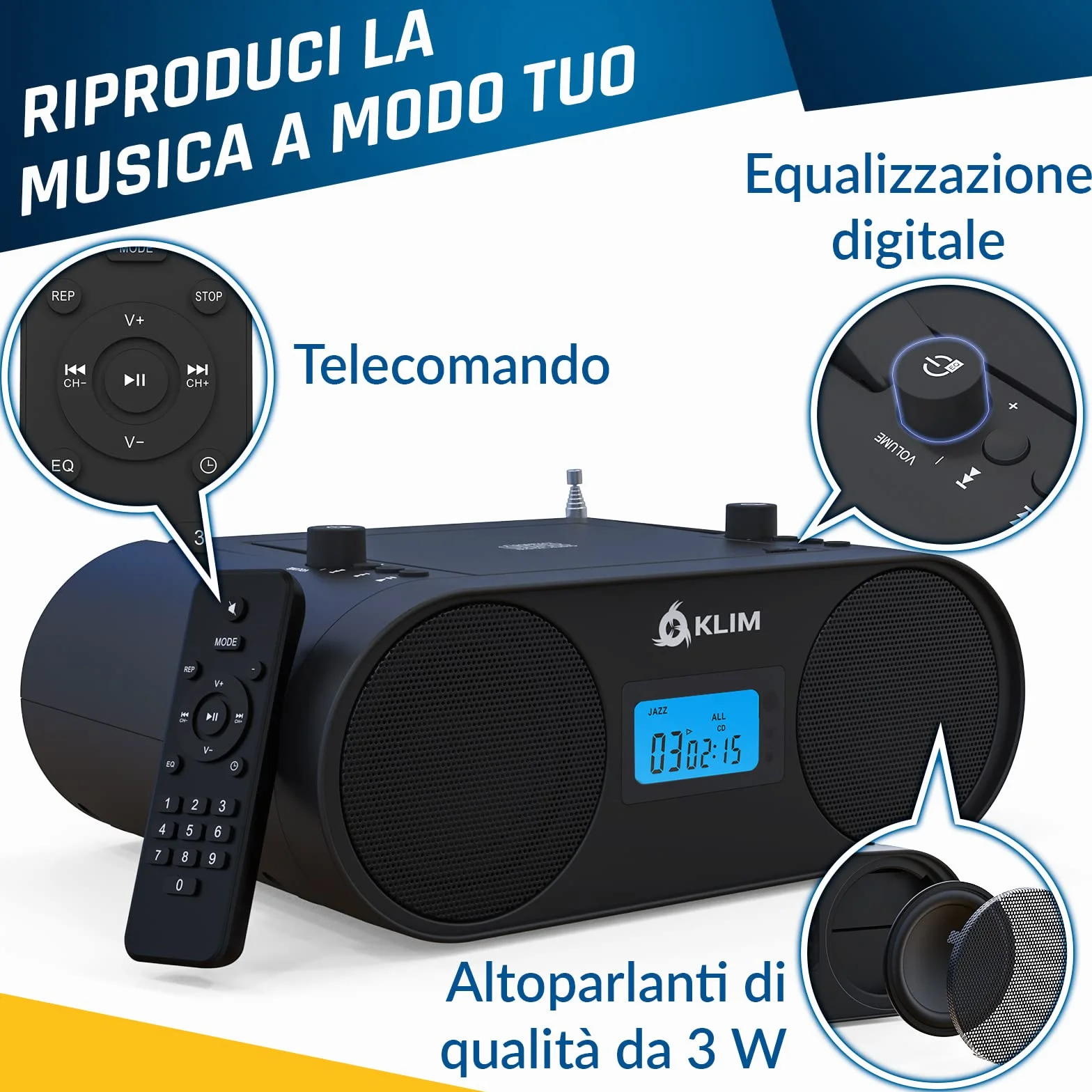 KLIM Lettore CD Stereo Boombox B4 + AM/FM Radio con Lettore CD e USB, Bluetooth, AUX + Stereo casa + Filo o Wireless + Batteria ricaricabile, Telecomando, Standby automatico, EQ Digitale + NUOVO