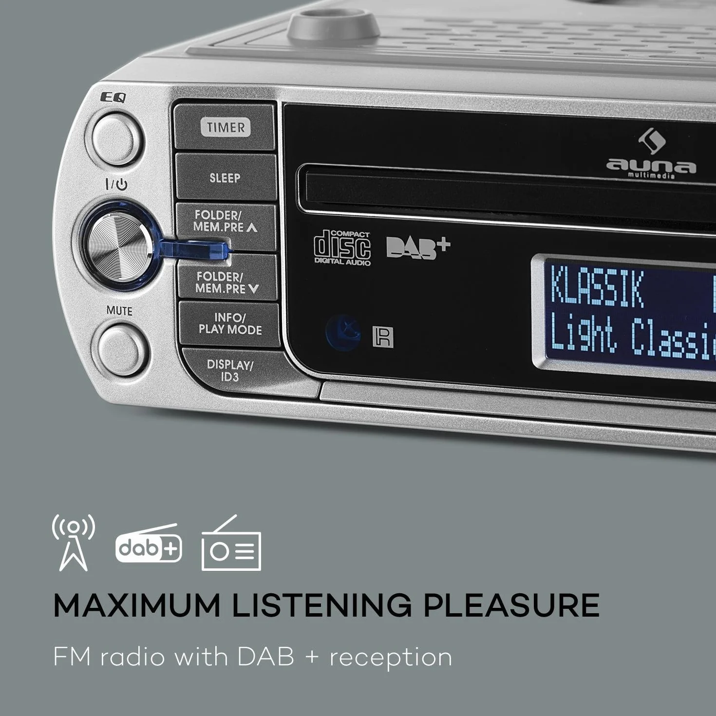 AUNA KR-400 CD - Radio da Cucina, Sottopensile, DAB+/PLL, FM, CD/MP3, Bluetooth, AUX, USB, 40 Stazioni Memorizzabili, Sveglia, Telecomando, Argento