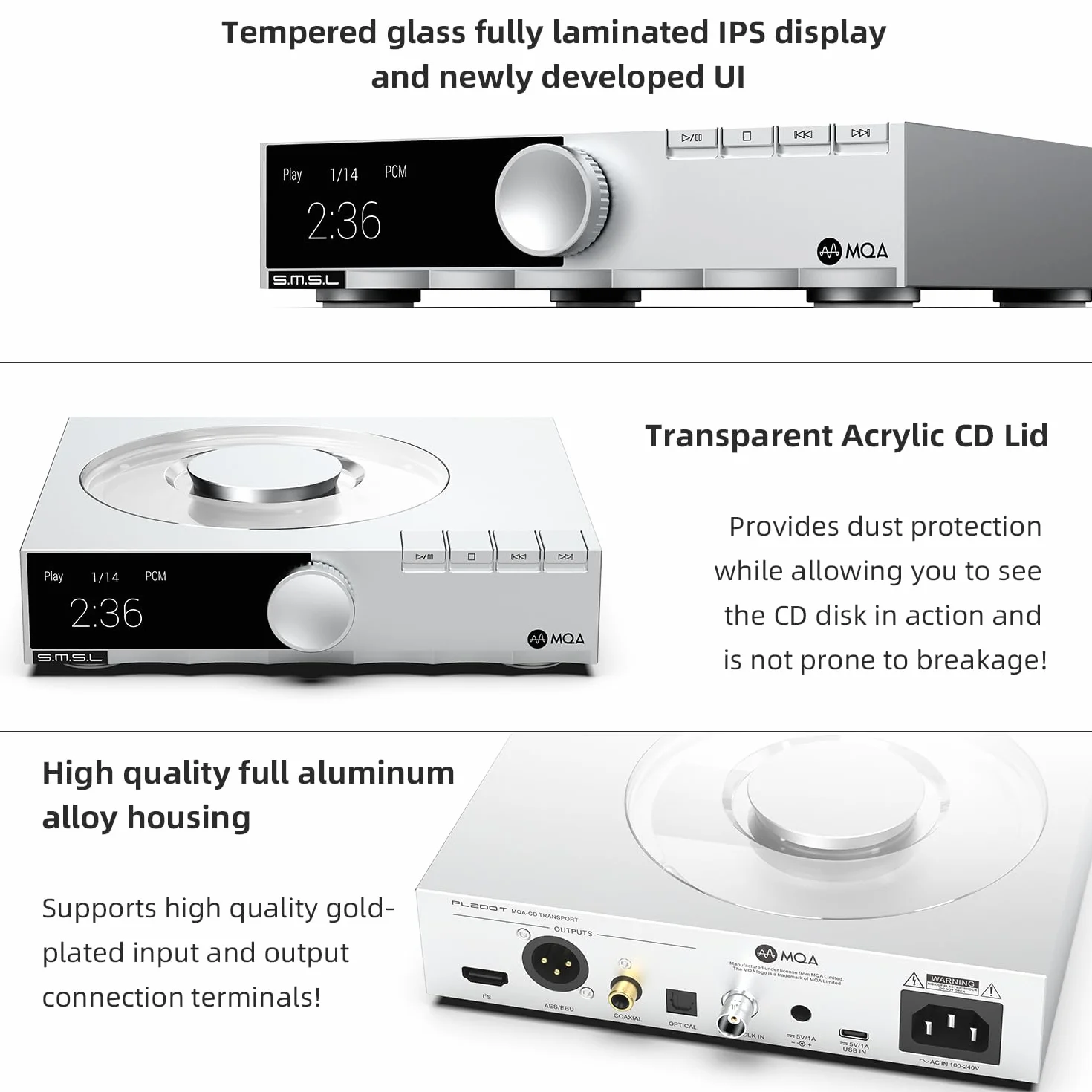 SMSL PL200T Lettore CD MQA-CD Digital Giradischi Decoder Hi-Fi 32bit/768kHz DSD512 Ottico/Coassiale/I²S/AES Uscita Orologio Professionale Ingresso Home/Studio Audio System Copertura antipolvere