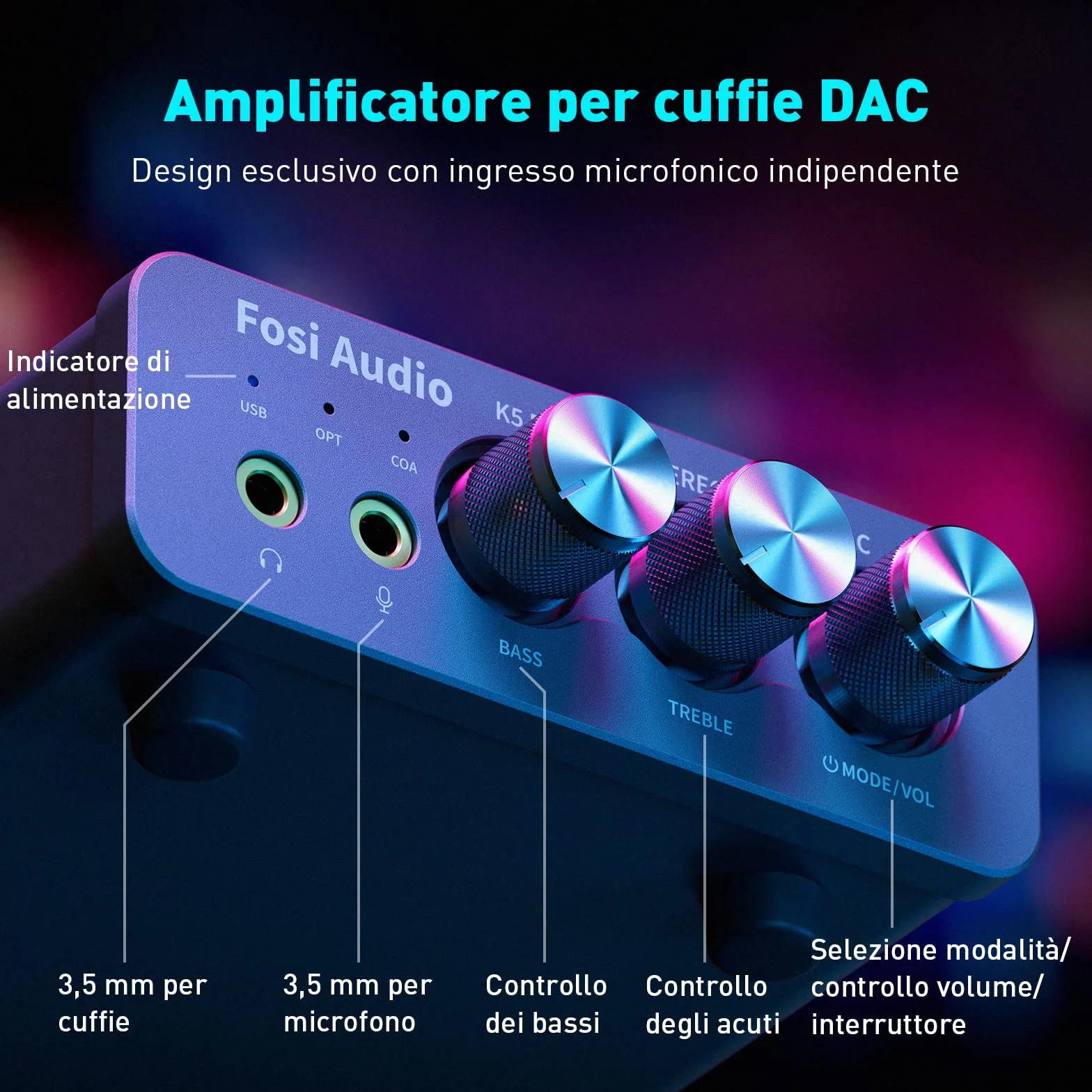 Fosi Audio K5 Pro Amplificatore per Cuffie DAC USB C Uscita 3,5 mm RCA Ingresso Microfonico Ottico Coassiale USB Type C Gaming DAC AMP Hi-Res PS5 PC MAC