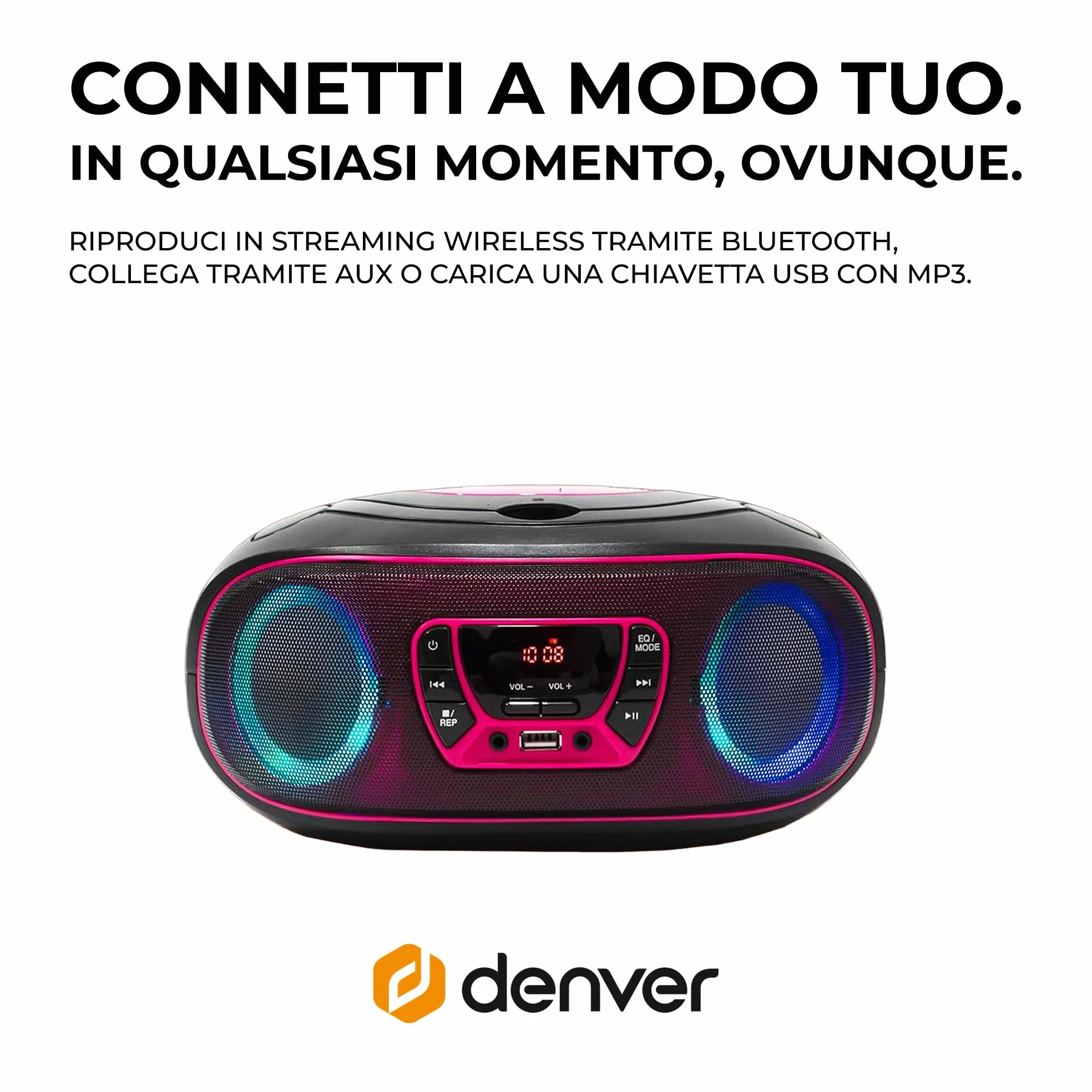Lettore CD Portatile con Bluetooth Denver TCL-212BT Rosa. Boombox. FM Radio. Volume 2x2W. Ingresso USB, AUX e per Cuffie. Effetto luci.