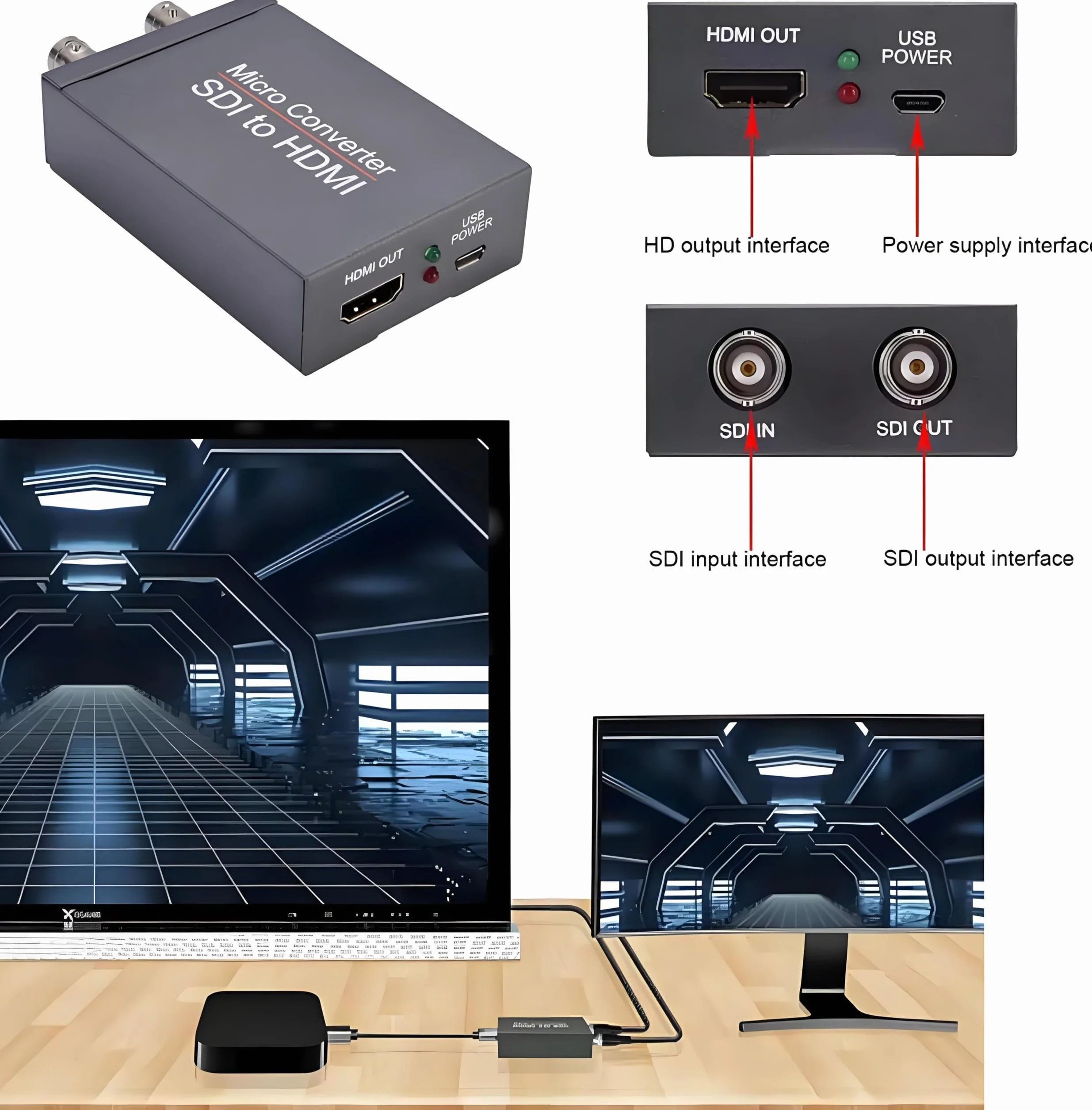 Queen.Y Convertitore da SDI a HDMI 3G-SDI HD Adattatore 1080P con Alimentatore SDI Loopout