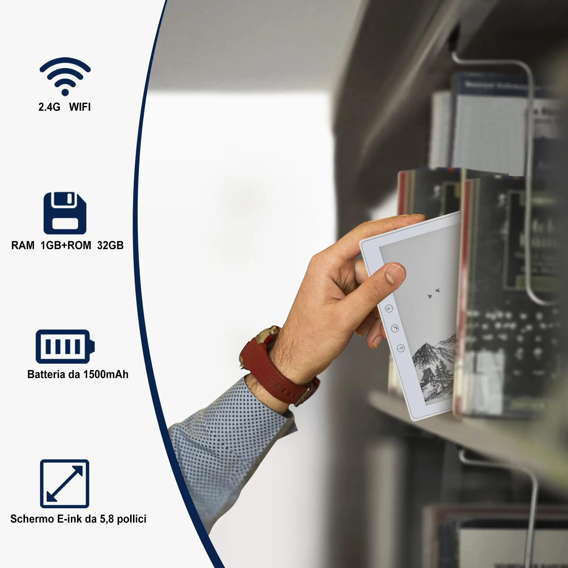 Veidoo 5.8 Pollici Lettore di Libri Elettronici, Schermo Tattile HD, Carta E-Ink, 32GB ROM, WiFi, Bianco