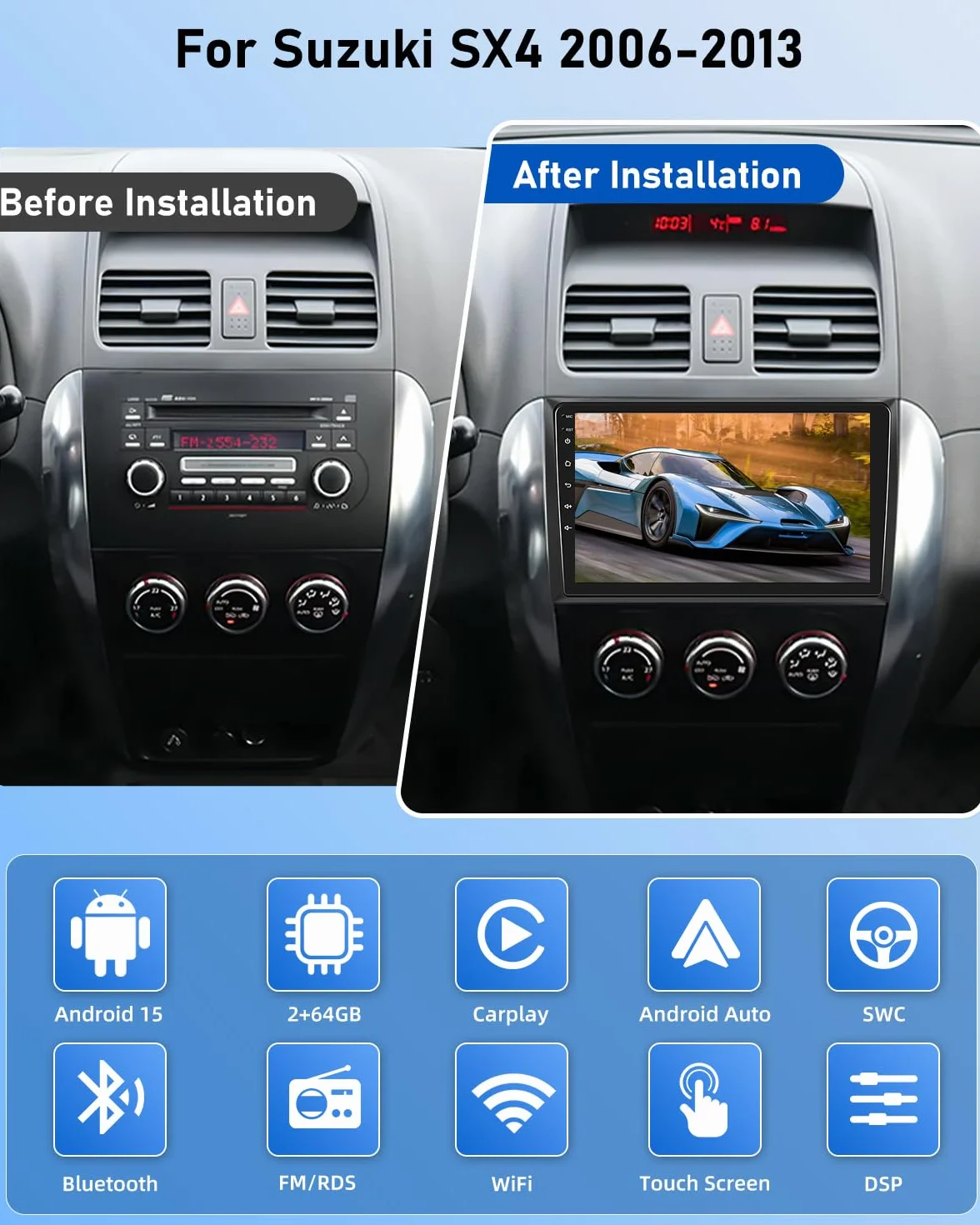 NHOPEEW 2G+64G Android Autoradio per Suzuki SX4 2006-2013 - Senza fili Carplay e Android Auto - 9 pollici Android Stereo con WiFi EQ GPS Mirror Link FM RDS + AHD Telecamera posteriore&Mic