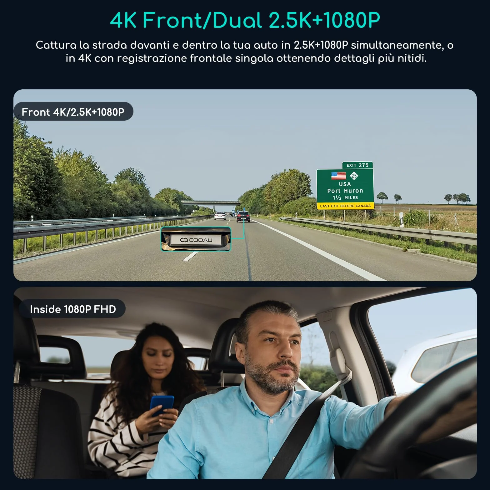 COOAU D30S 4K Dash Cam Auto con GPS Wi-Fi - Doppia Dashcam Auto Anteriore e Interna 2.5K 1080P, Con Visione Notturna a Infrarossi, Sensore G, Modalità Parcheggio, Registrazione in Loop