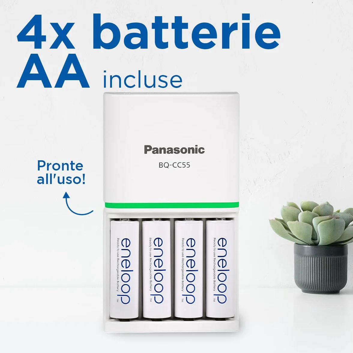 eneloop Caricabatterie SmartPlus per Batterie AA/AAA Ni-MH, Include 4 Batterie AA 2000mAh, Ricarica Rapida 1,5 Ore, con LED e 10 Funzioni di Sicurezza