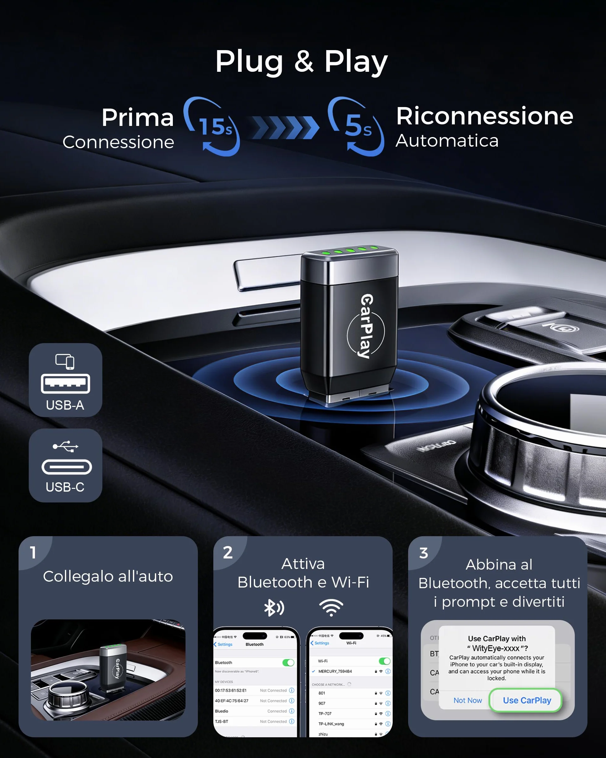 Mini Adattatore CarPlay Wireless Bluetooth V5.3 Wi-Fi 6 Doppia Banda USB C/A per Apple iPhone iOS 10+