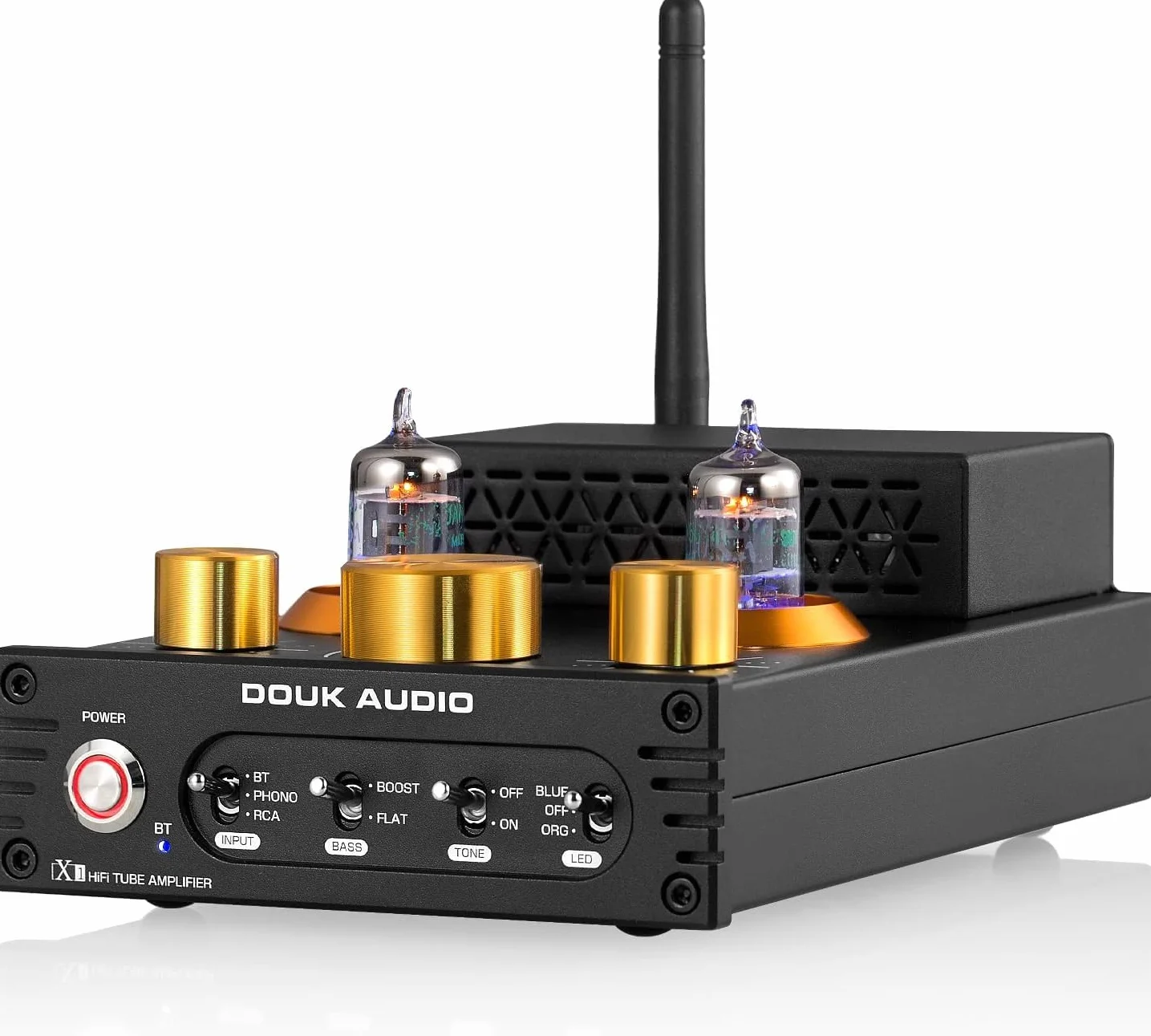 Douk Audio X1 amplificatore a valvole, amplificatore HiFi Bluetooth 5.0, amplificatore audio stereo a valvole GE5654, amplificatore phono MM, 160Wx2 chip TDA7498E, manopola di controllo acuti e bassi