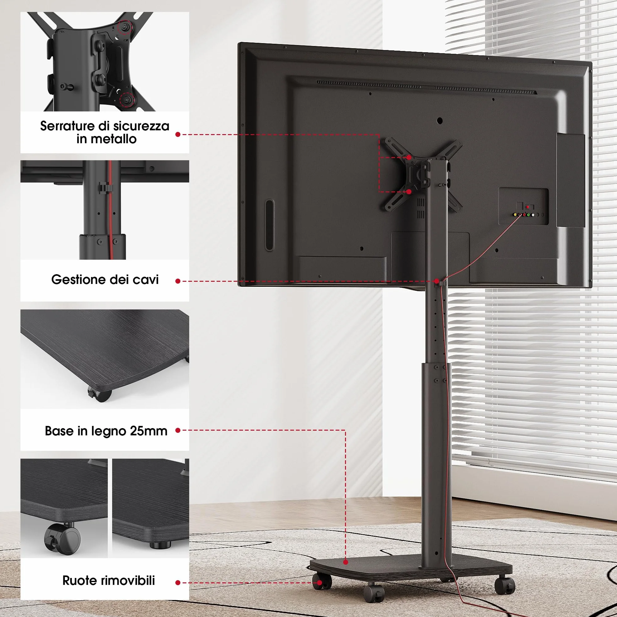 AOKCOS Supporto TV da Pavimento Orizzontale e Verticale per 19-42 Pollici, Carrello Porta TV con Ruote Base in Legno, Inclinazione & Girevole, fino a 20 kg max. VESA 200×200 mm Nero