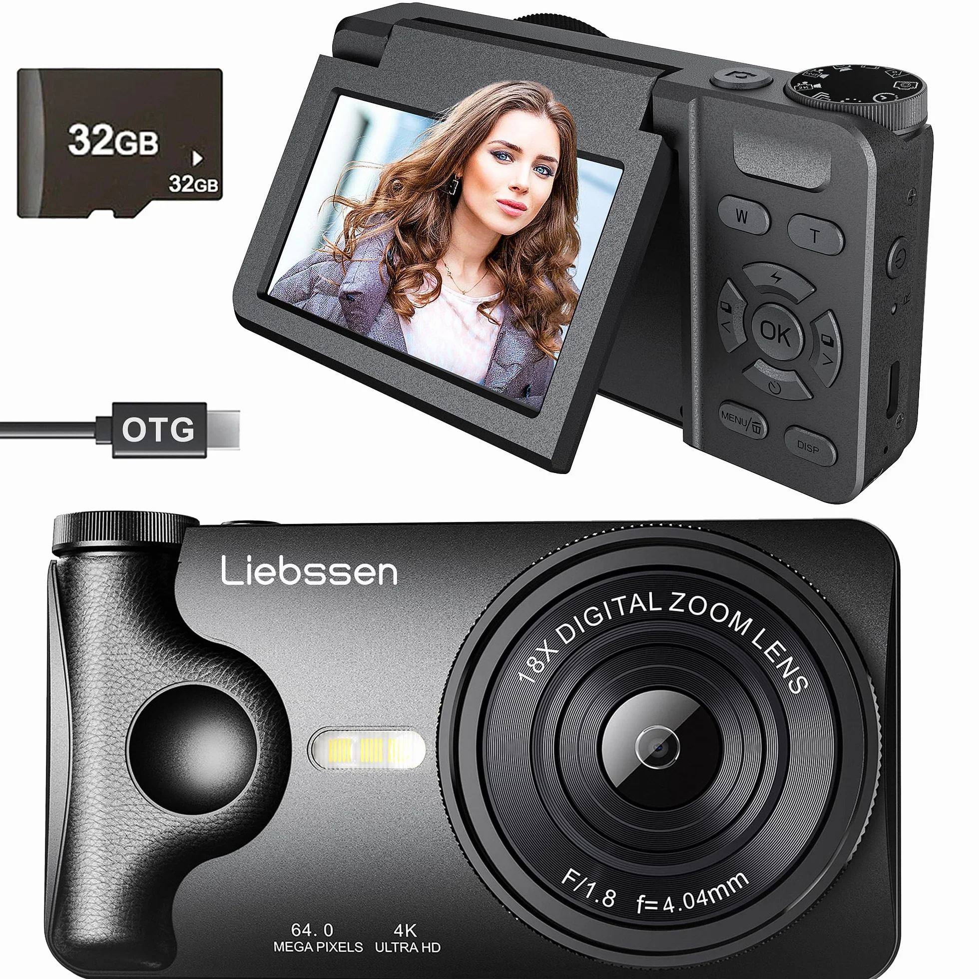 Fotocamera Digitale 4K 64MP Autofocus Ribaltabile 3,0" 180° Ricaricabile Portatile per Foto&Vlog, Time Lapse, Slow Motion&20 Filtri 2000mAh 32GB, per Creator Social, Bambini e Principianti (Nero)