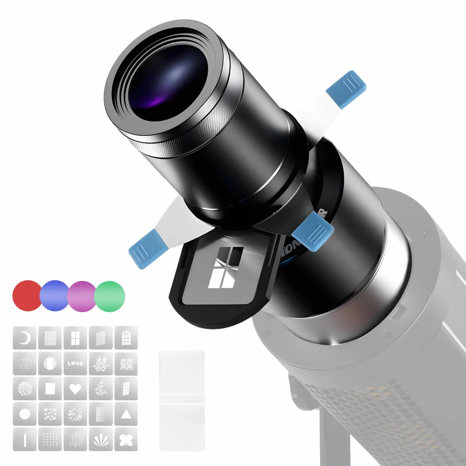 Soonpho KF80 Snoot Fotografico Messa a Fuoco Ottica Corpo in Alluminio Dotato di Attacco Bowens Slot per Scheda Magnetica Luminosità 5 Volte con 4 Filtri Colorati e 25 Modelli GOBO per la Fotografia