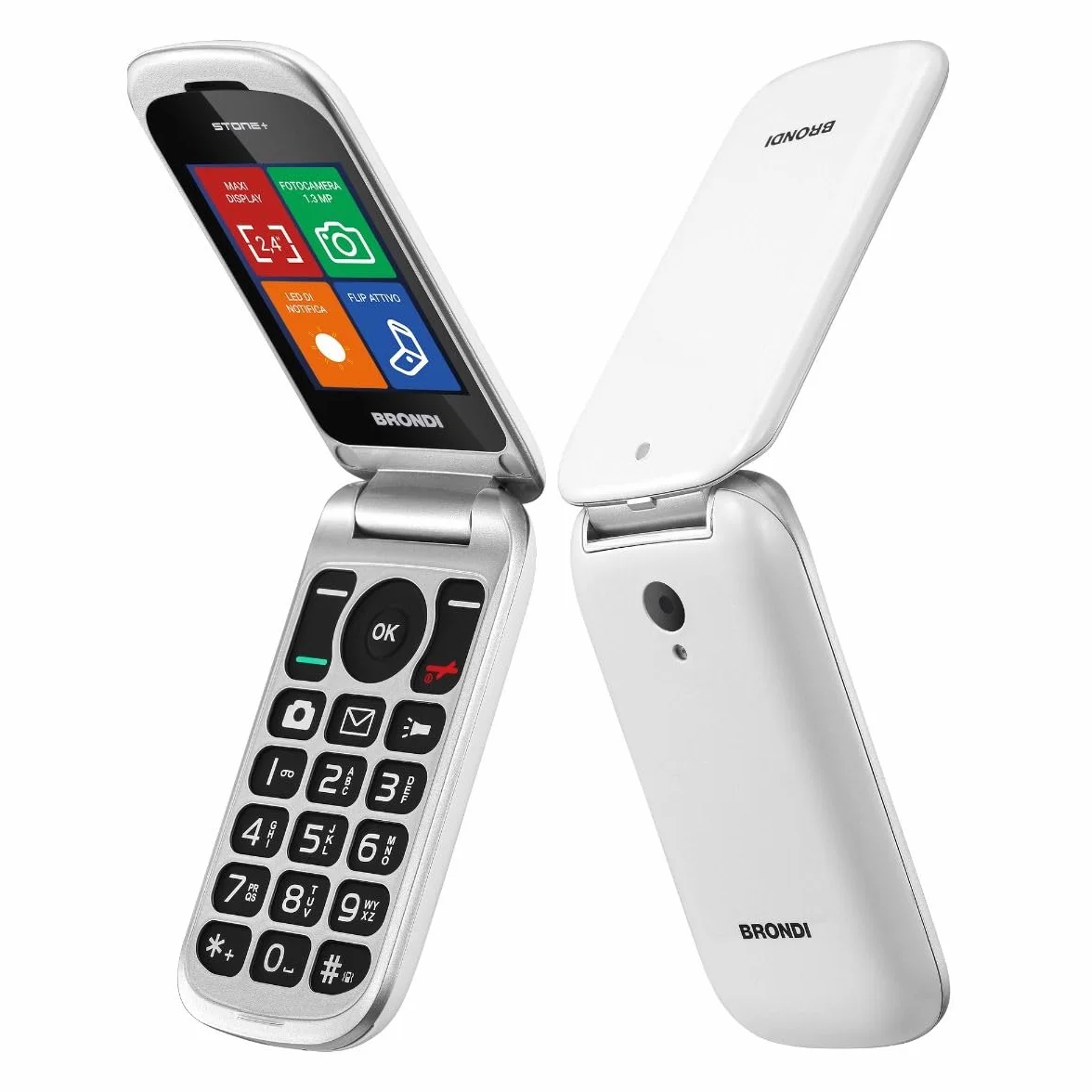 Brondi Stone+ - Cellulare con apertura a conchiglia e flip attivo, Dual Sim, Display 2.4 pollici, Bianco