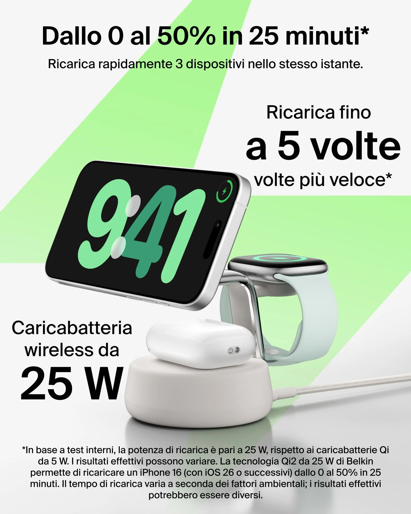 Belkin UltraCharge Pro Caricatore Wireless 3 in 1, Stazione di Ricarica Qi2 25W, Compatibile con MagSafe per iPhone 16, Apple Watch, AirPods, Pixelsnap con Ventilatore e Adattatore 45W, Sabbia