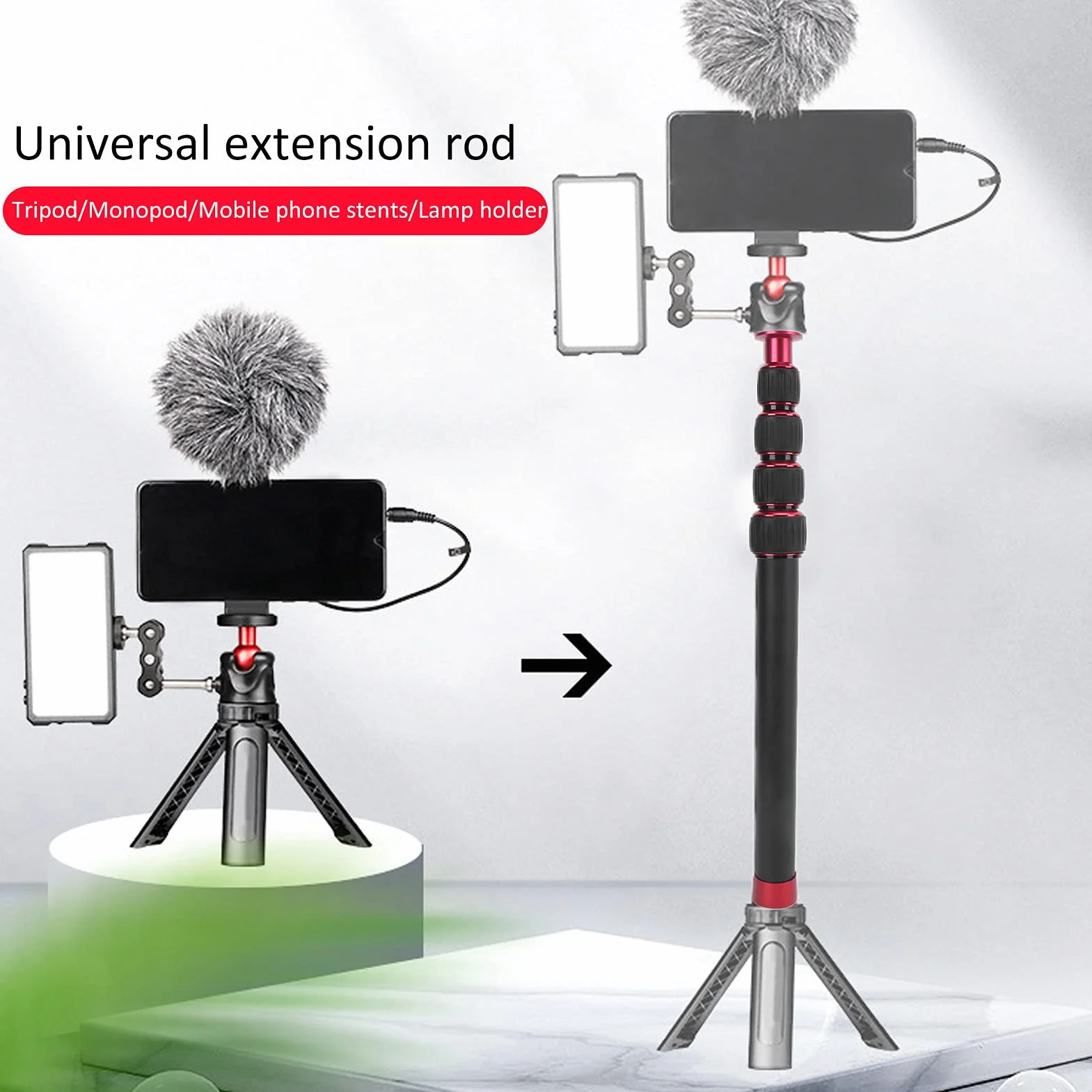 Asta di Prolunga per Monopiede per Fotocamera con 5 Tubi di Prolunga, Lega di Alluminio, Vite da 1/4 di Pollice, capacità di Carico di 5 Kg, per Treppiede, Monopiede, Estensione