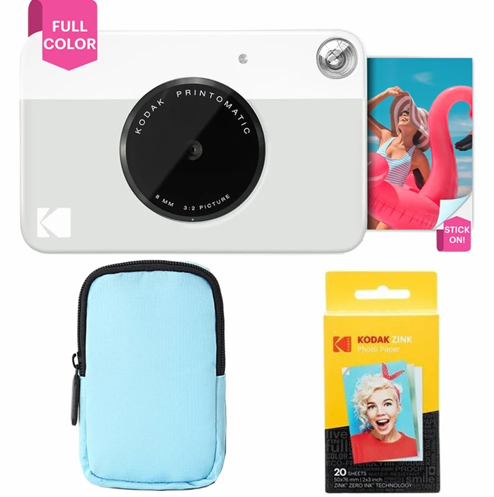 KODAK Printomatic Pacchetto iniziale per macchina fotografica a stampa istantanea a colori + Custodia morbida + Carta fotografica Zink da 20 pezzi - Foto colorate su carta adesiva 2x3" - Grigio