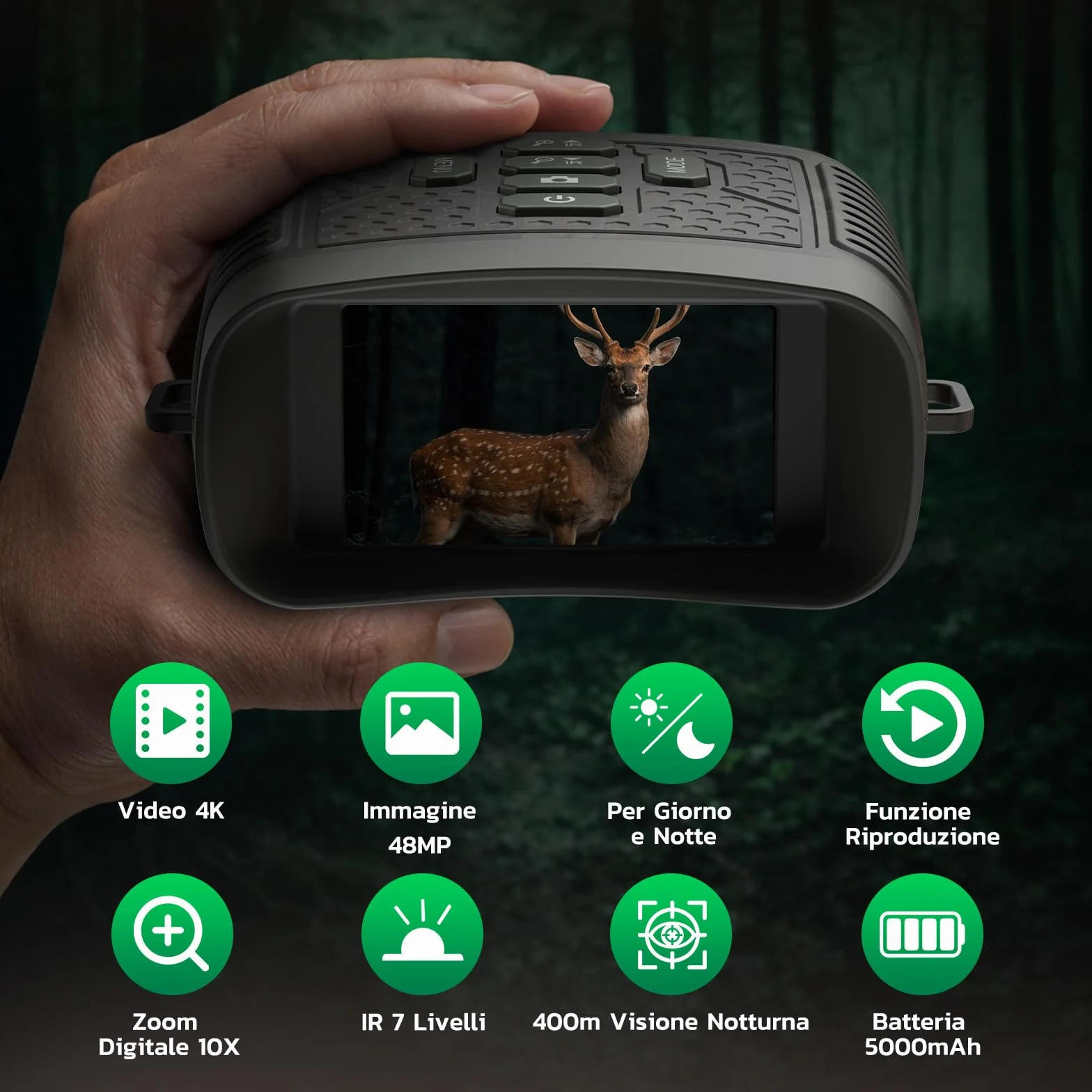 Binocolo Visione Notturna 4K 48MP con Zoom 10x e Visore Notturno, Batteria Ricaricabile 5000mAh per Osservazione fino a 400m, Ideale per Outdoor, Campeggio e Sicurezza