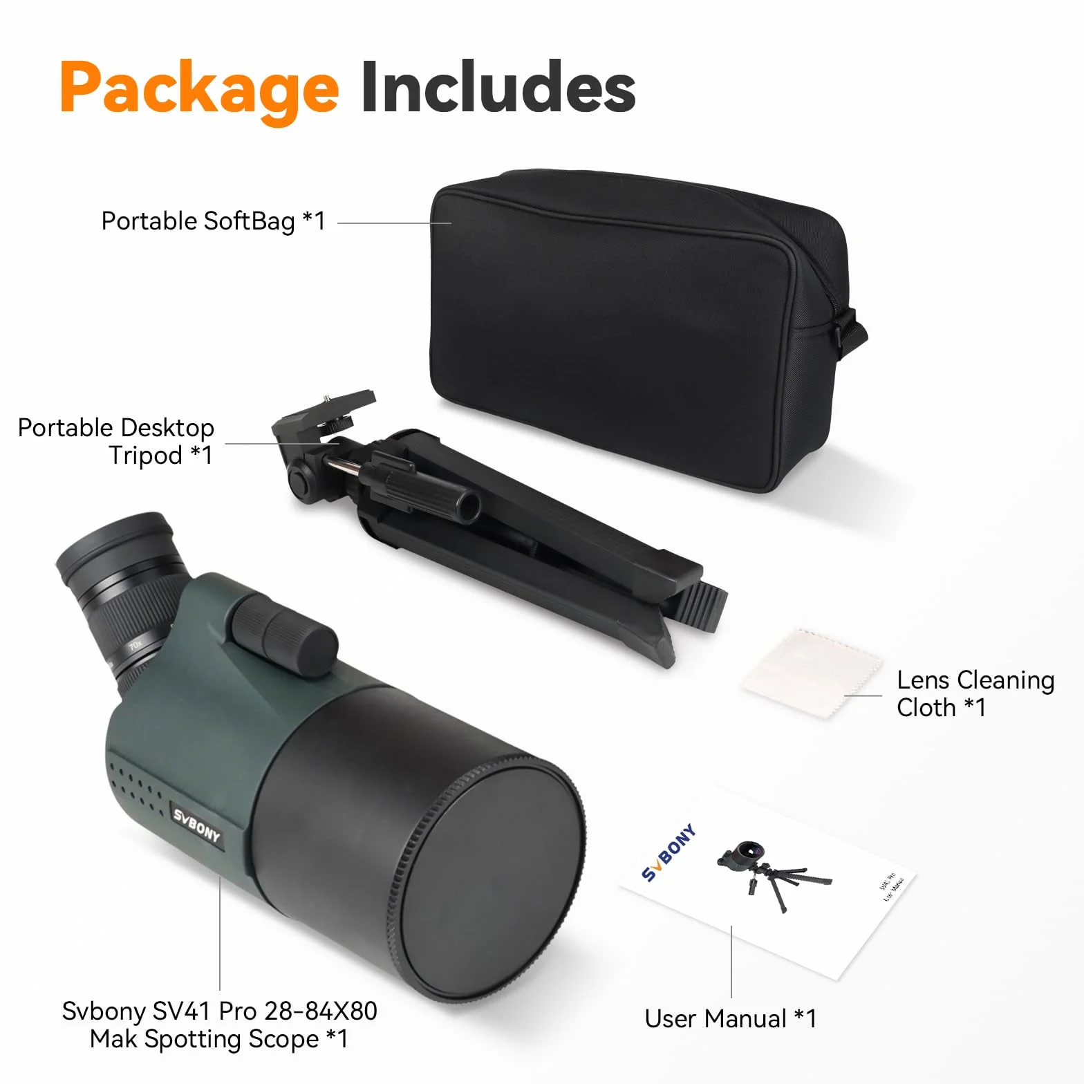 Svbony SV41Pro Mak Cannocchiale con Treppiedi, 28-84X80 FMC Messa a Fuoco a Doppia Velocità, Telescopio Spotting Scope Compatibile Con la Fotocamera WIFI SC001, per Tiro a Segno, Caccia, Birdwatching
