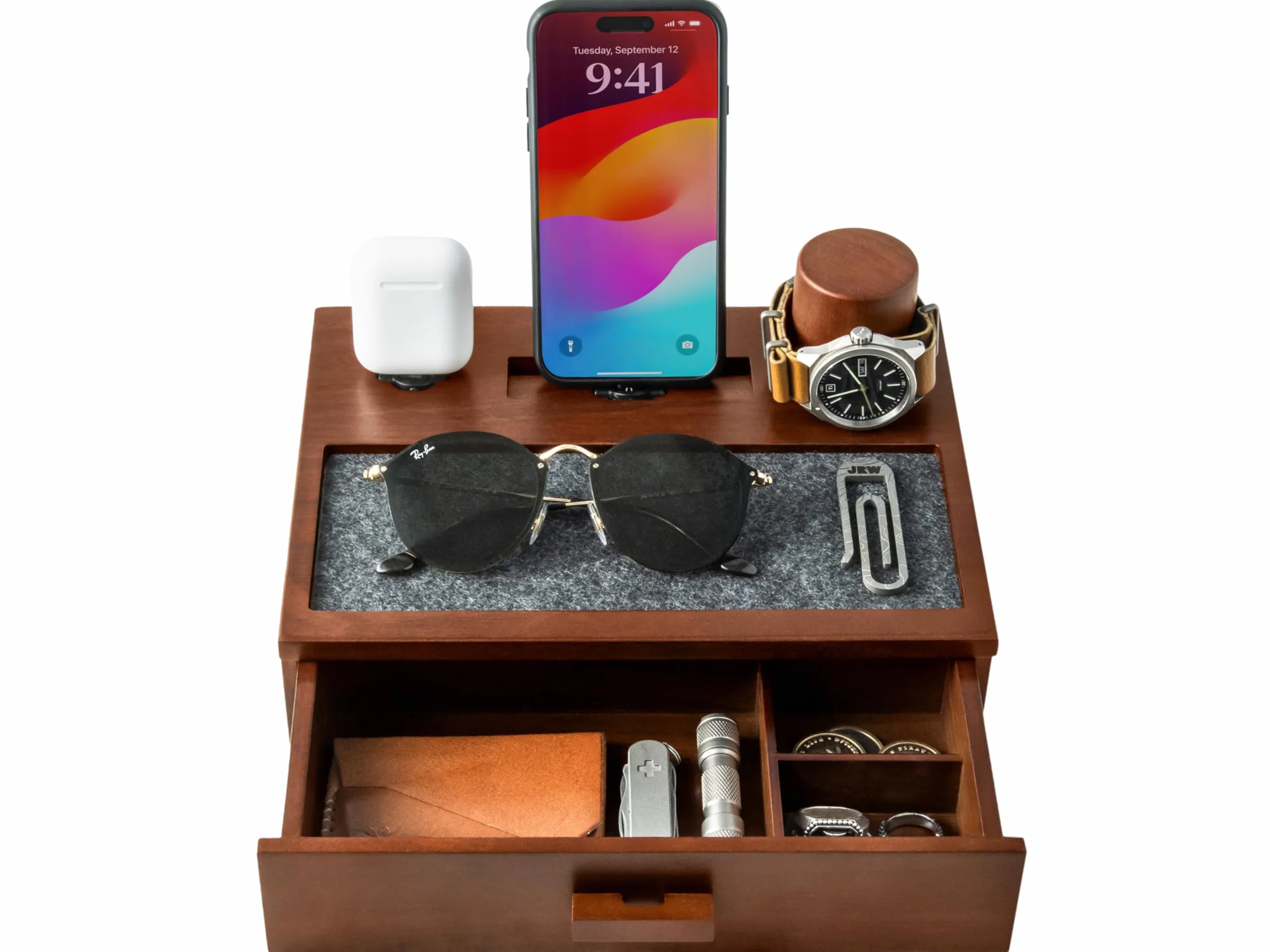 Holme & Hadfield Organizer da comodino da uomo, docking station unica in legno per caricare il telefono e gli auricolari, stazione di ricarica in legno con vassoio foderato e cassetto, docking station