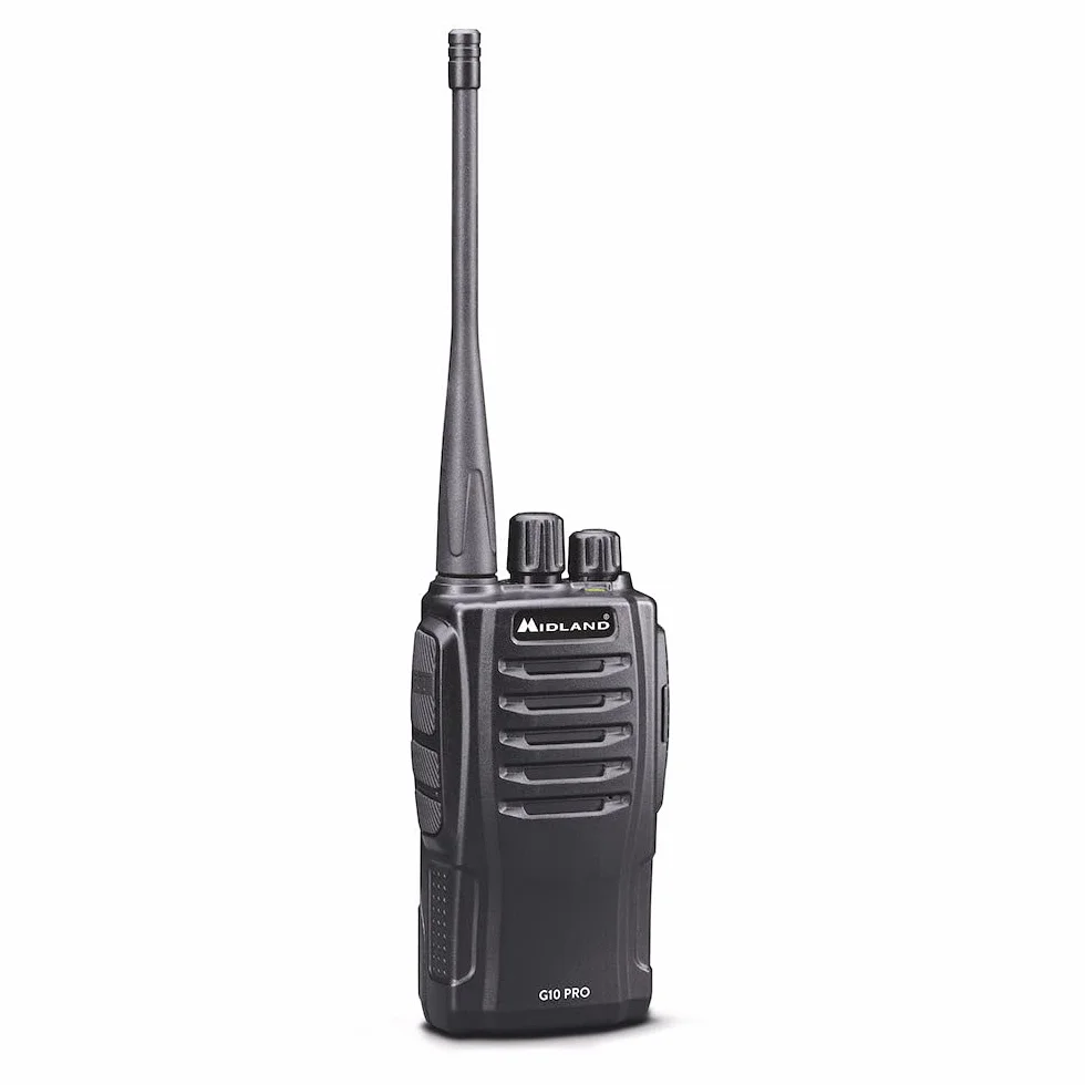 Midland - Walkie Talkie G10 PRO, Ricetrasmittenti Professionali Cantiere e Strada, 32 Canali PMR446 Senza Licenza, Copertura 12Km, Autonomia 16H, 50 Toni CTCSS, 116 Codici DCS, Batteria e Accessori