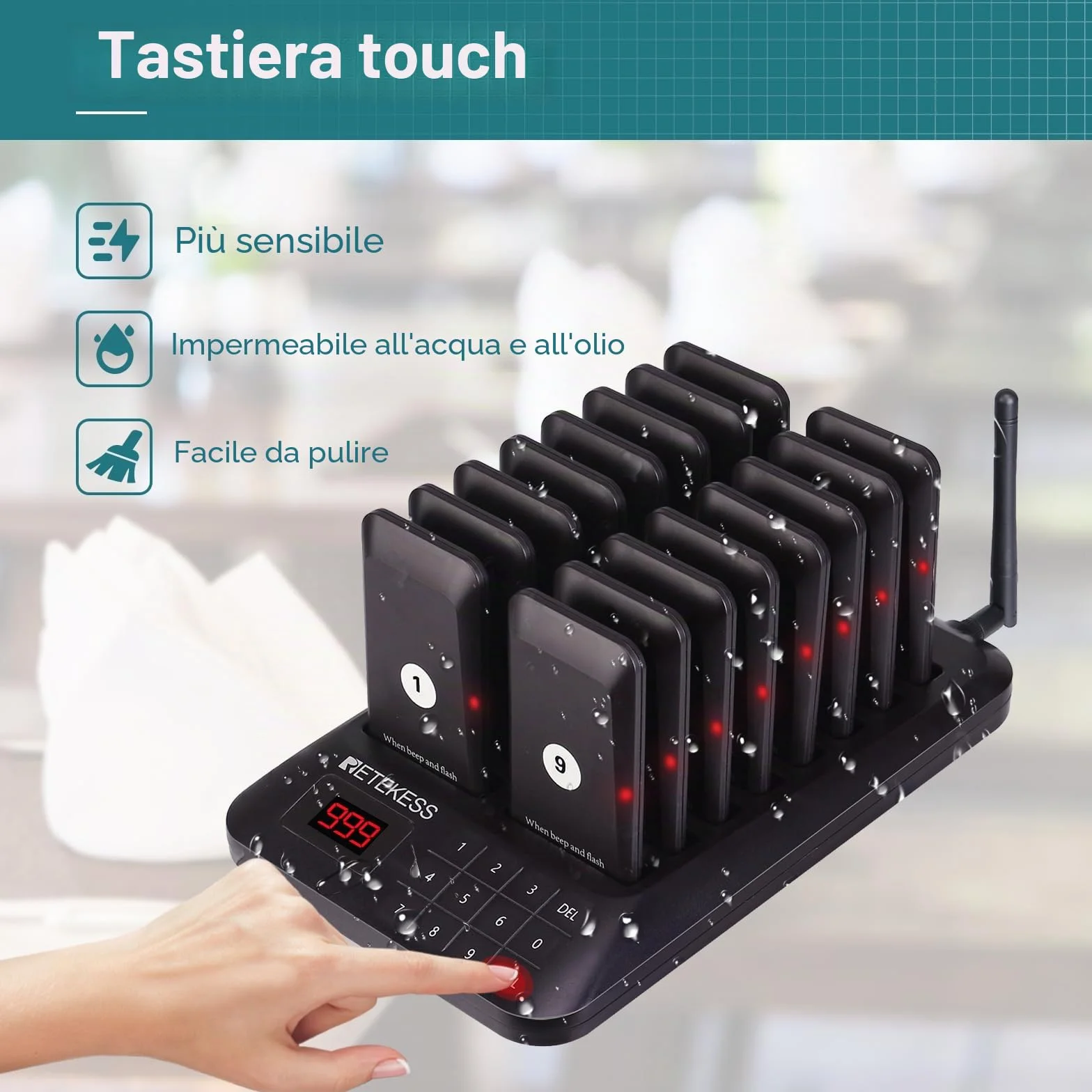 Retekess TD157 Cercapersone Ristorante, 500M Pager Ristorante, 16 Cercapersone, Batteria da 300 mAh, il Segnale Può Attraversare le Pareti, Facile da Configurare, Pager Clienti per Bar, Hotel, Negozio
