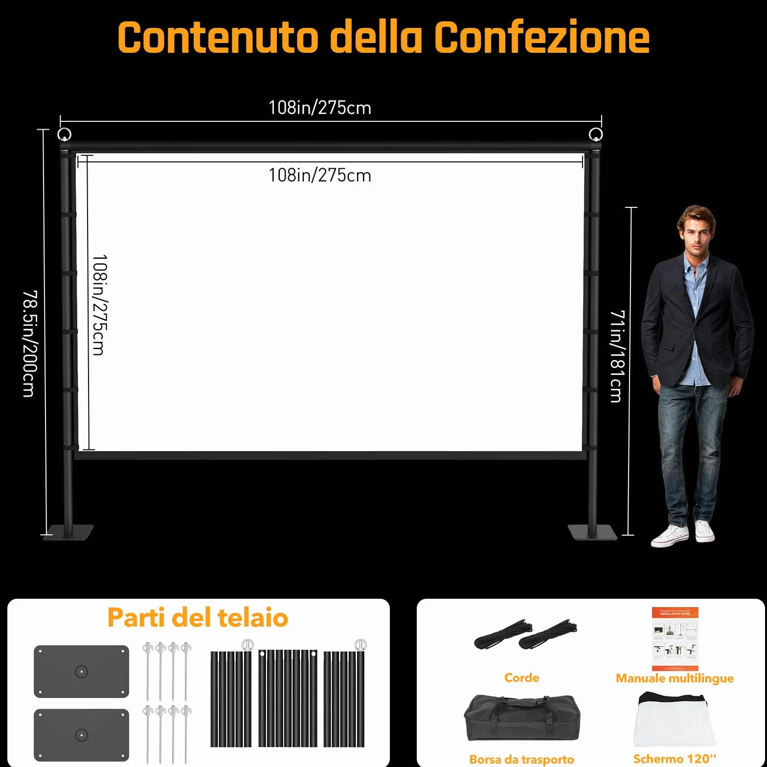Schermo per Proiettore con Supporto LEORFI 120 Pollici Portatile - Base Rinforzata, Superficie HD 4K 16:9 Senza Piega - Proiezione Frontale/Retroproiezione - Con Borsa da Trasporto