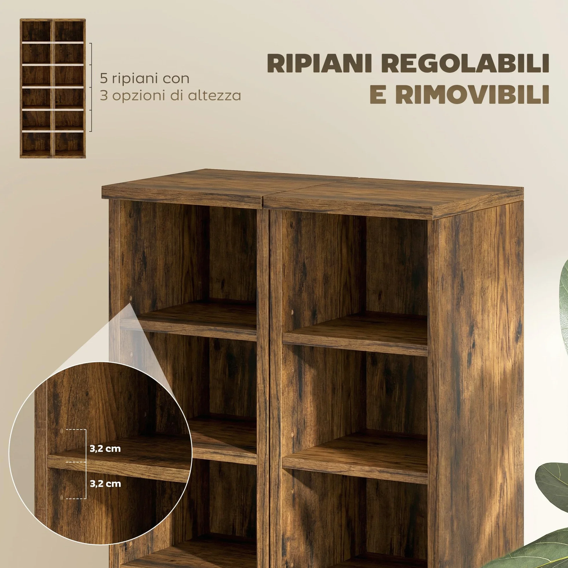 HOMCOM Scaffale Porta CD 2 Pezzi a 6 Ripiani, Scaffale Libreria in Legno per 204 CD ad Altezza Regolabile, 21x22.5x88.5 cm, Marrone Rustico