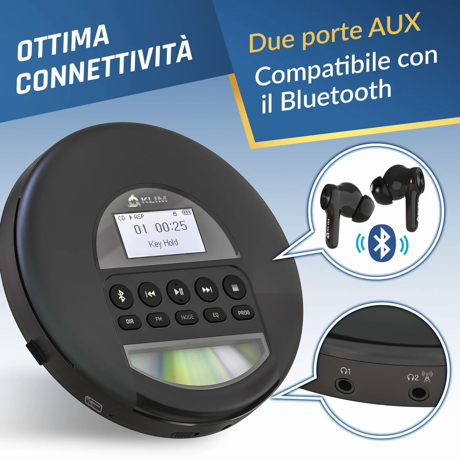 KLIM Nomad - Lettore CD Portatile - Batteria a Lunga Durata - Include Auricolari KLIM Fusion - Compatibile con CDR, CDRW, MP3 - Lettore SD, Radio FM, Bluetooth - Ideale per Auto - Hi-Fi - Argento