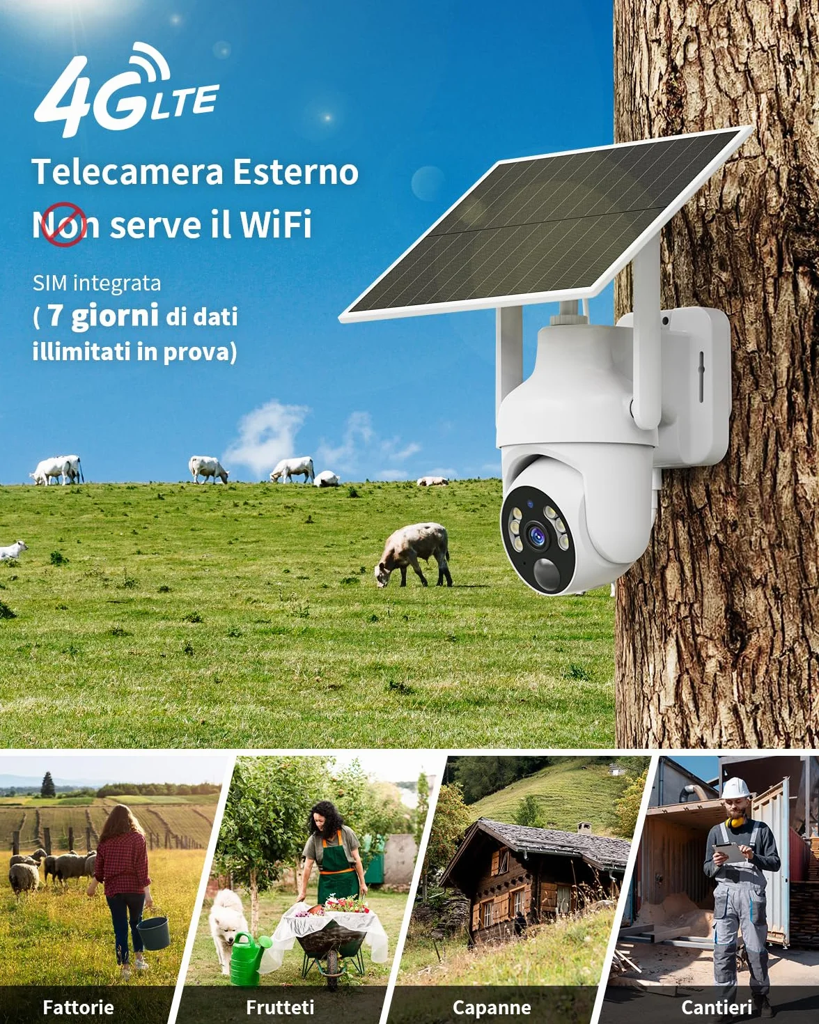 SEHMUA 4G LTE Telecamera Esterno con SIM e pannello solare, 2K Telecamere Batterie Senza Fili, 360° PTZ Videocamera Sorveglianza, Visione Notturna, PIR Rilevamento, Audio Bidirezionale, IP66, 2 Pezzi