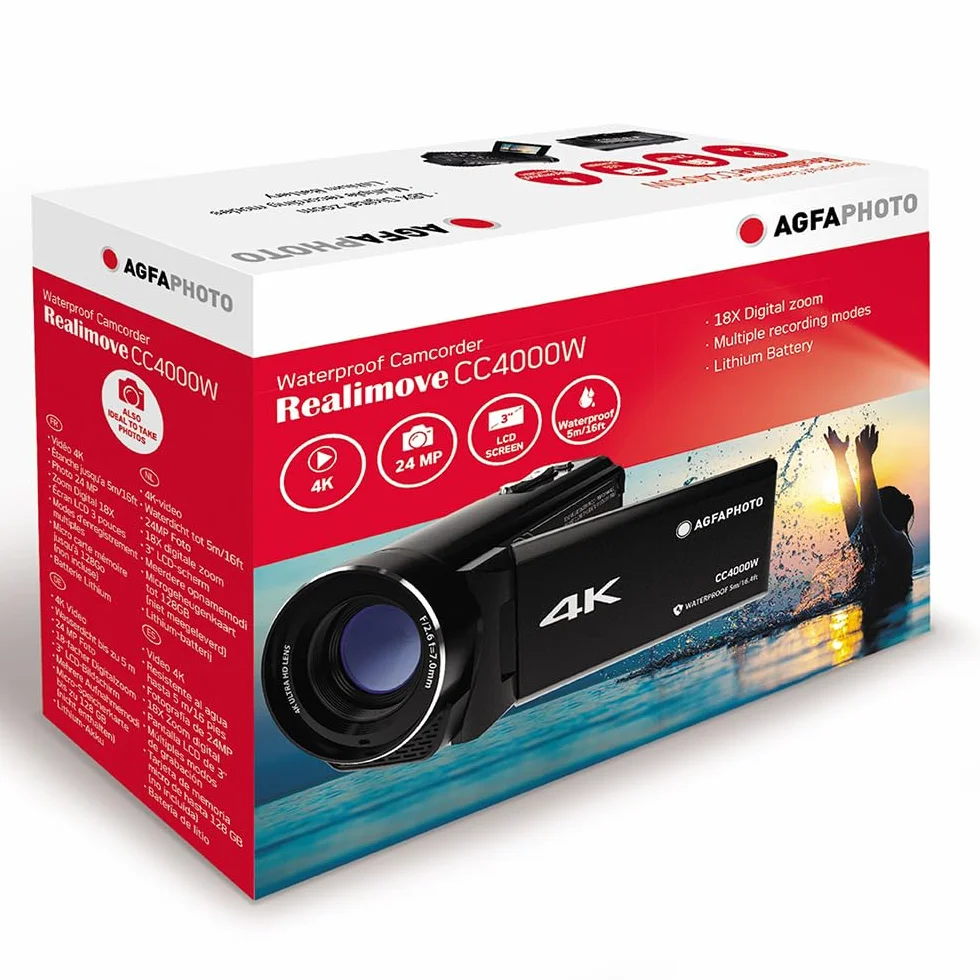 Agfaphoto - Videocamera - Realimove CC4000W - 4K, Schermo LCD Articolato IPS da 3", Zoom Digitale 18X, Impermeabile fino a 5 m, Stabilizzazione Elettronica, Batteria al Litio – Nero