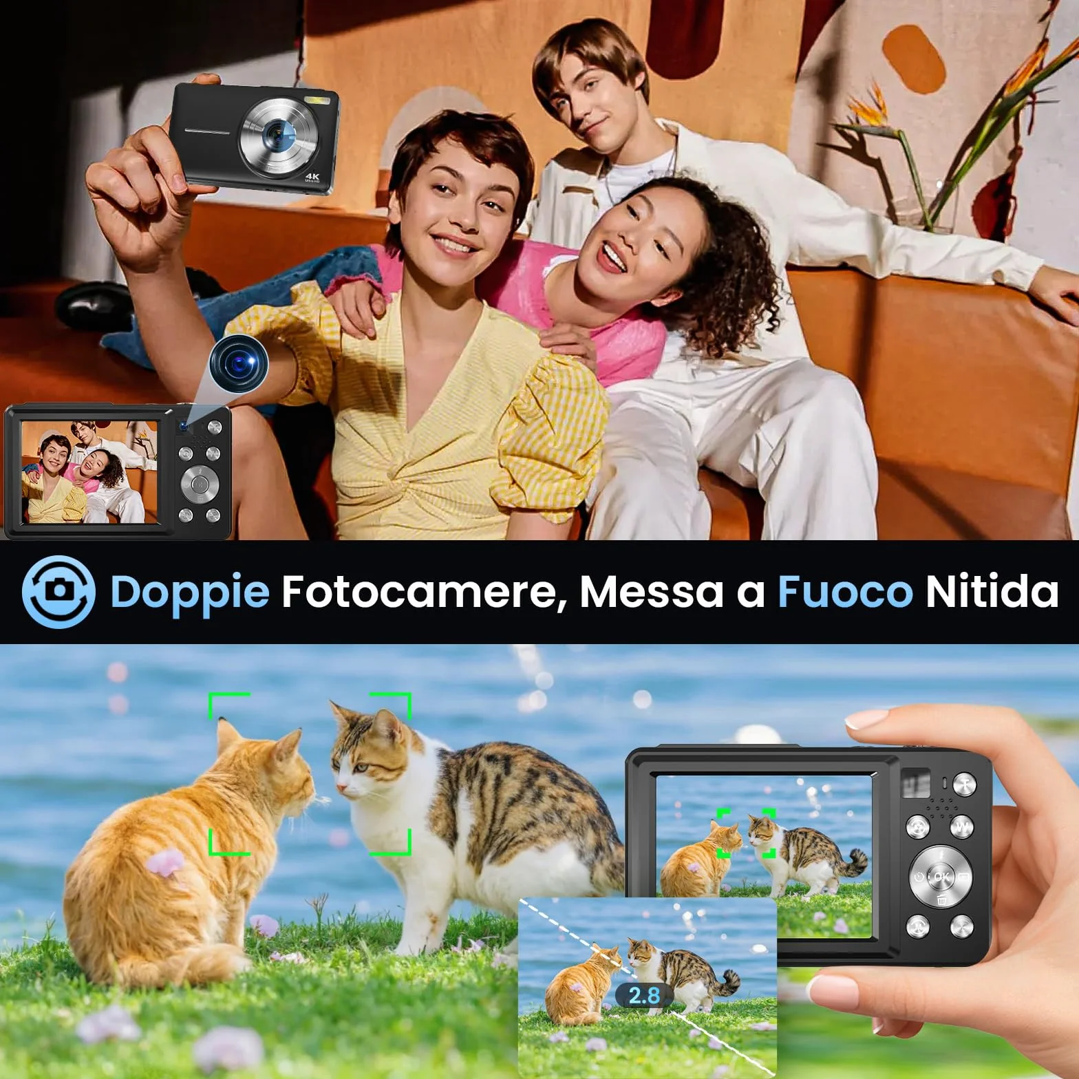Fotocamera Digitale 4K 64MP Macchina Fotografica Digitale con Doppia Lente, Autofocus, Display IPS 2,8”, Zoom Digitale 16X, Antivibrazione, Due Batterie, Scheda 32GB per Adolescente, Principianti