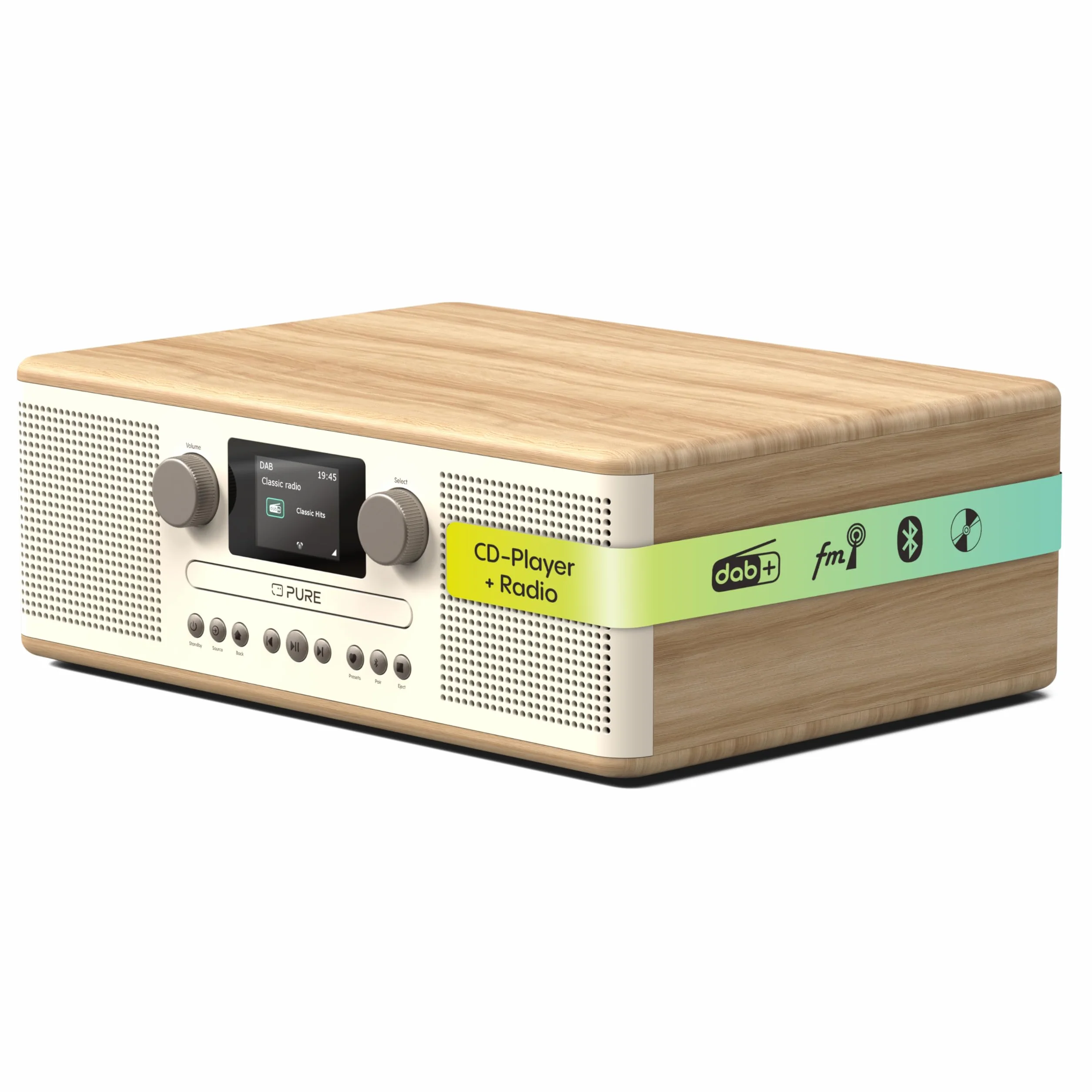 Pure Classic C-D6 Sistema Musicale (Lettore CD, DAB+/FM, Bluetooth, AUX, USB, Sveglia/Timer per il Sonno) Cotone Bianco/Quercia