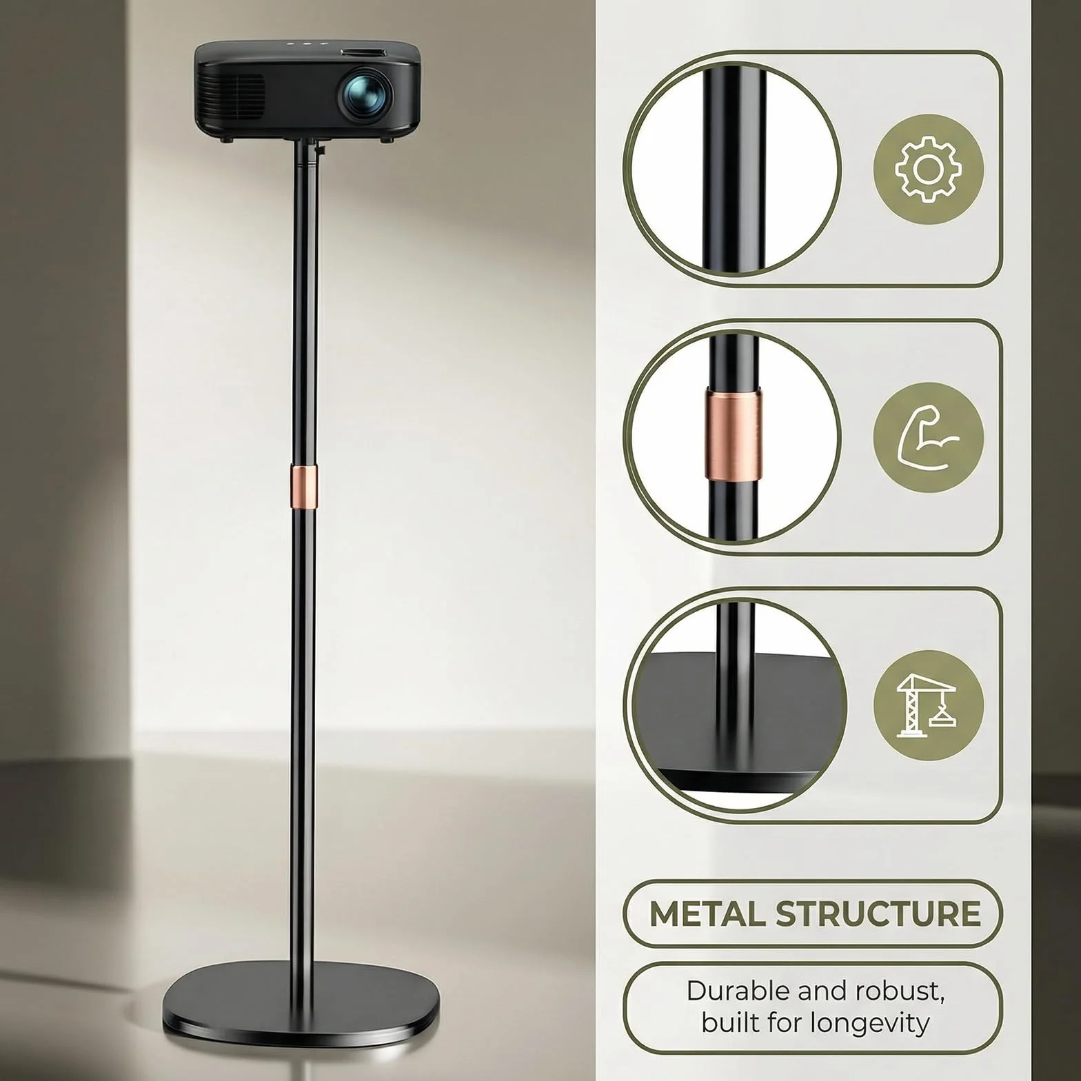 Supporto per Proiettore, Supporto Girevole a 360° per la Maggior Parte dei Proiettori, Altezza Regolabile 128-164 cm, con Base Resistente per Home Cinema, Sala Giochi, Ufficio