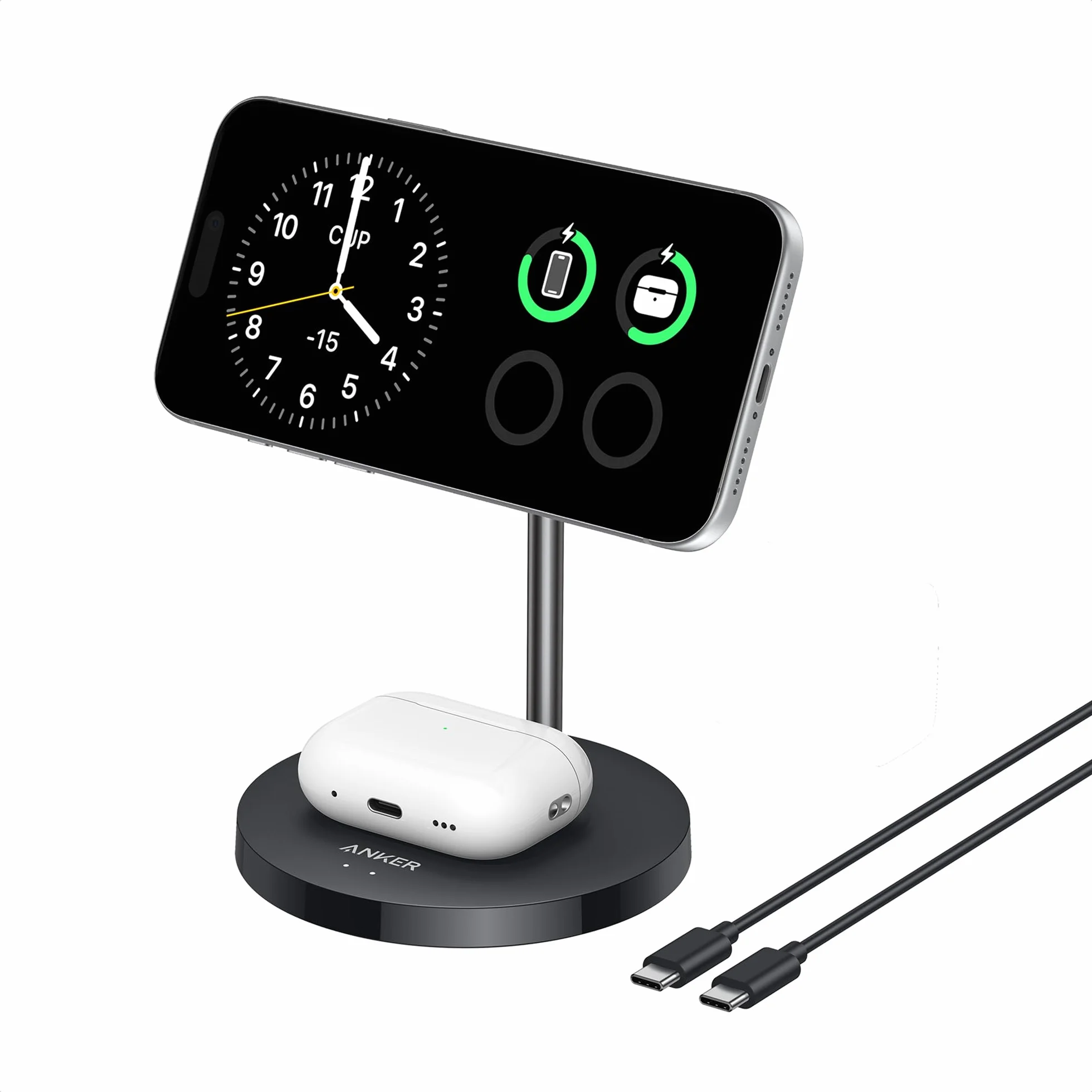 Anker Caricatore Wireless iPhone 15W Supporto di Ricarica Regolabile 2 in 1 con Cavo USB-C da 1,5m, doppio LED, Ricarica Ultraveloce 15W MagSafe per iPhone serie 16/15 e AirPods (senza adattatore AC)