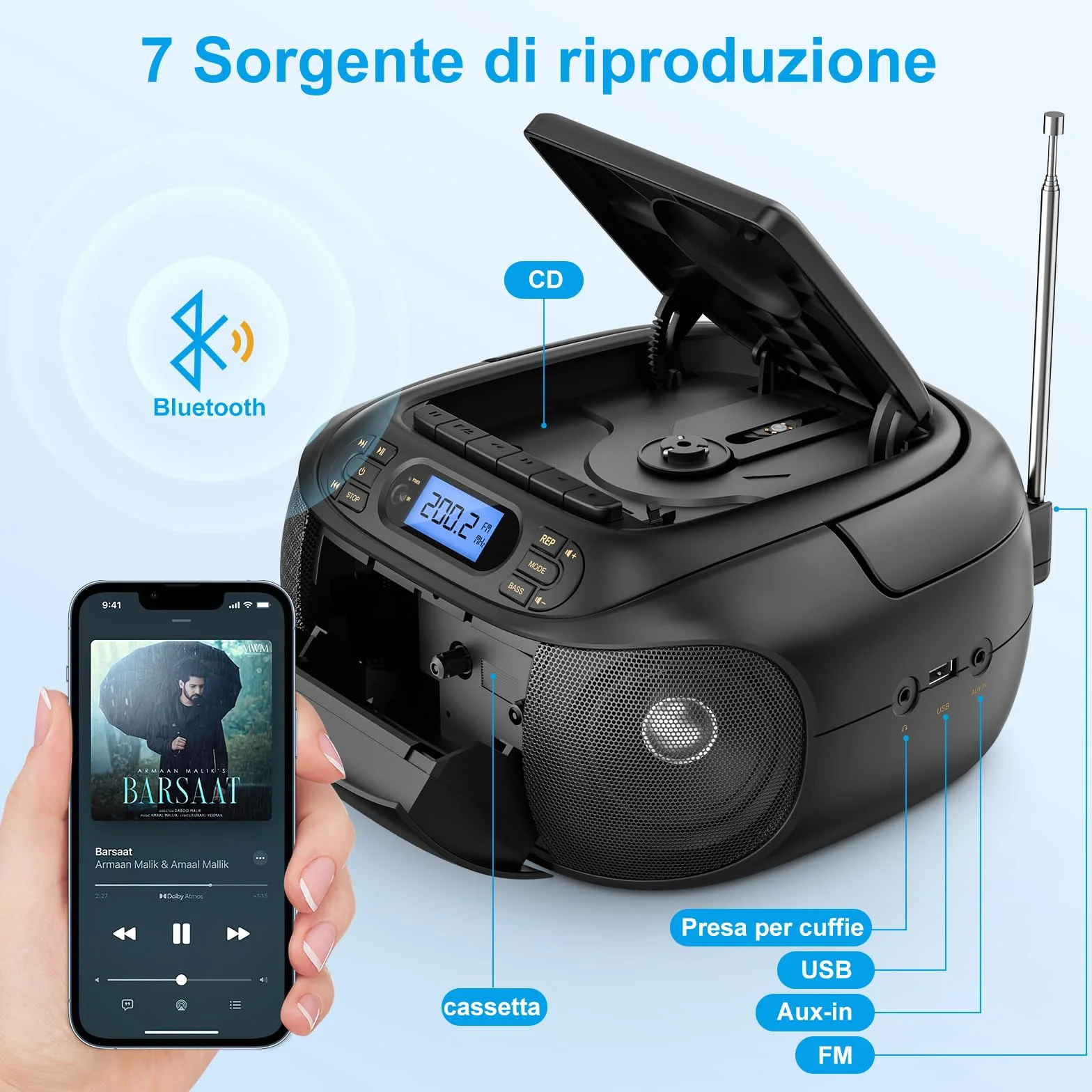 Lettore CD con Cassette, Radio FM Portatile, Lettore CD super basso Boombox con Bluetooth, Altoparlanti Stereo Incorporati, supporto AUX-In, Riproduzione USB, Uscita per cuffia