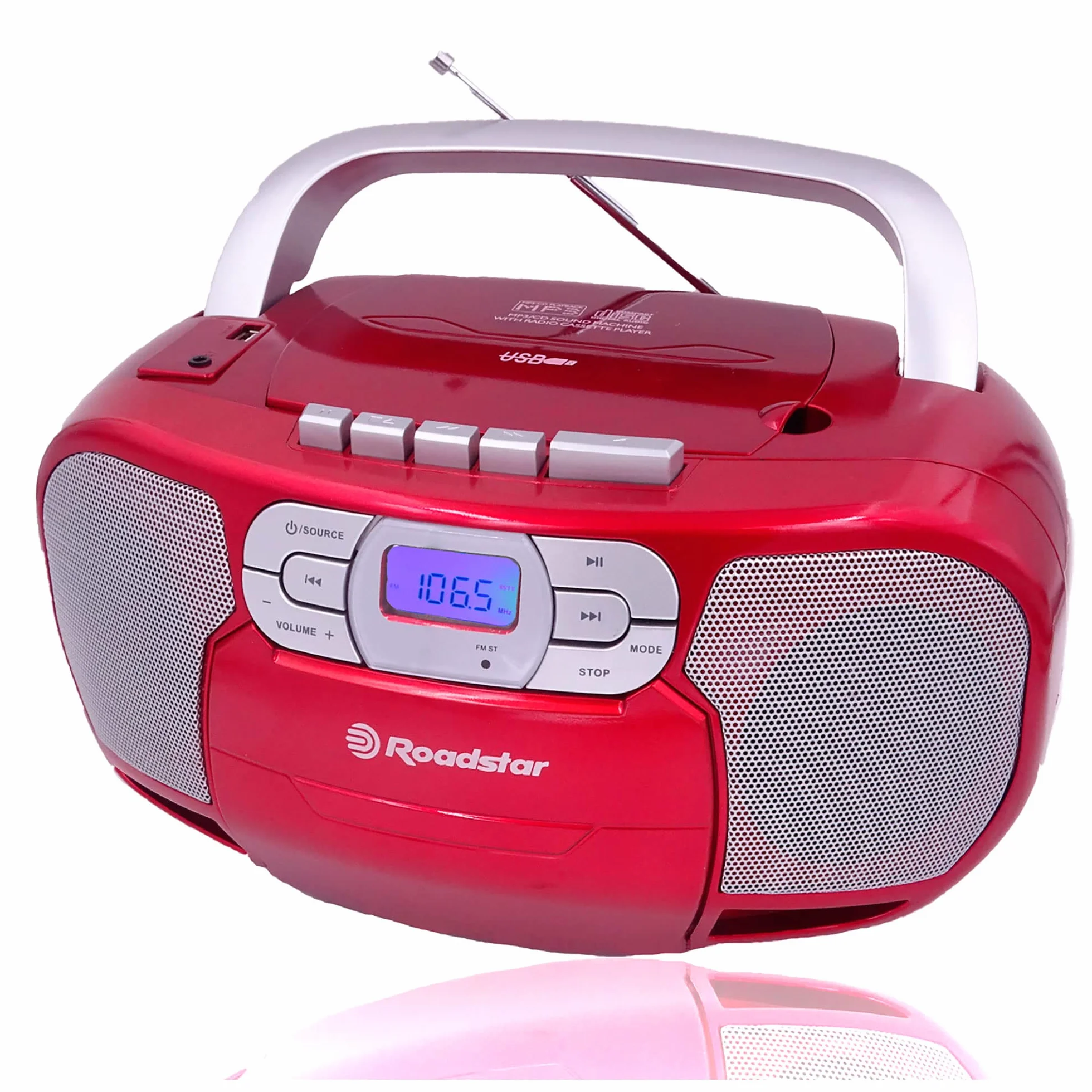 Roadstar RCR-4635UMP/RD Radio CD Portatile Cassette, Radio Digitale PLL FM, Boombox Lettore CD-MP3, USB, AUX-IN, Uscita cuffie, Rosso