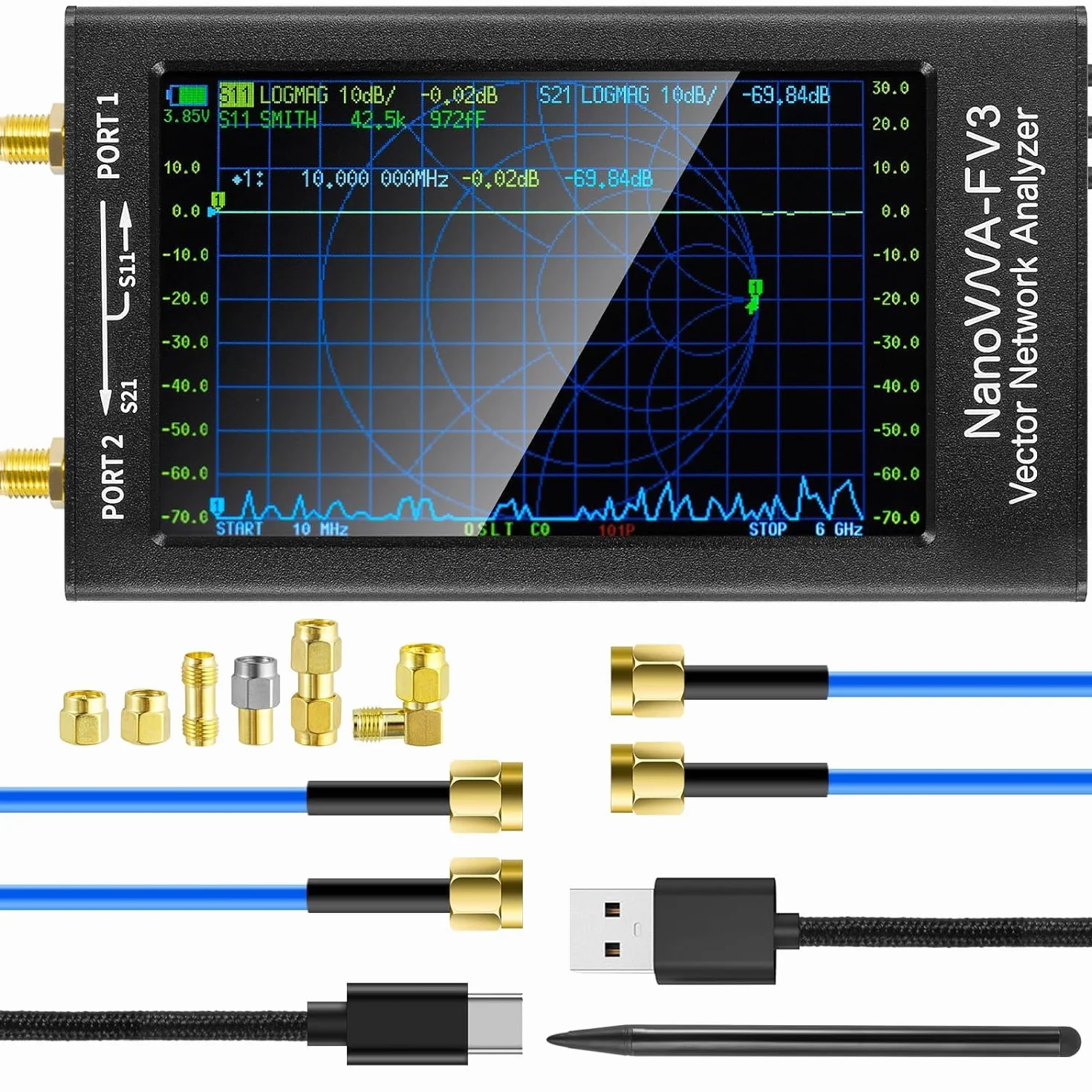 AURSINC Aggiornato Nanovna-F v3 Analizzatore di rete vettoriale 4.3 1MHz - 6GHz Analizzatore di antenna Radio prosciutto Misurare i parametri S Rapporto d'onda stazionaria di tensione SWR, Fase