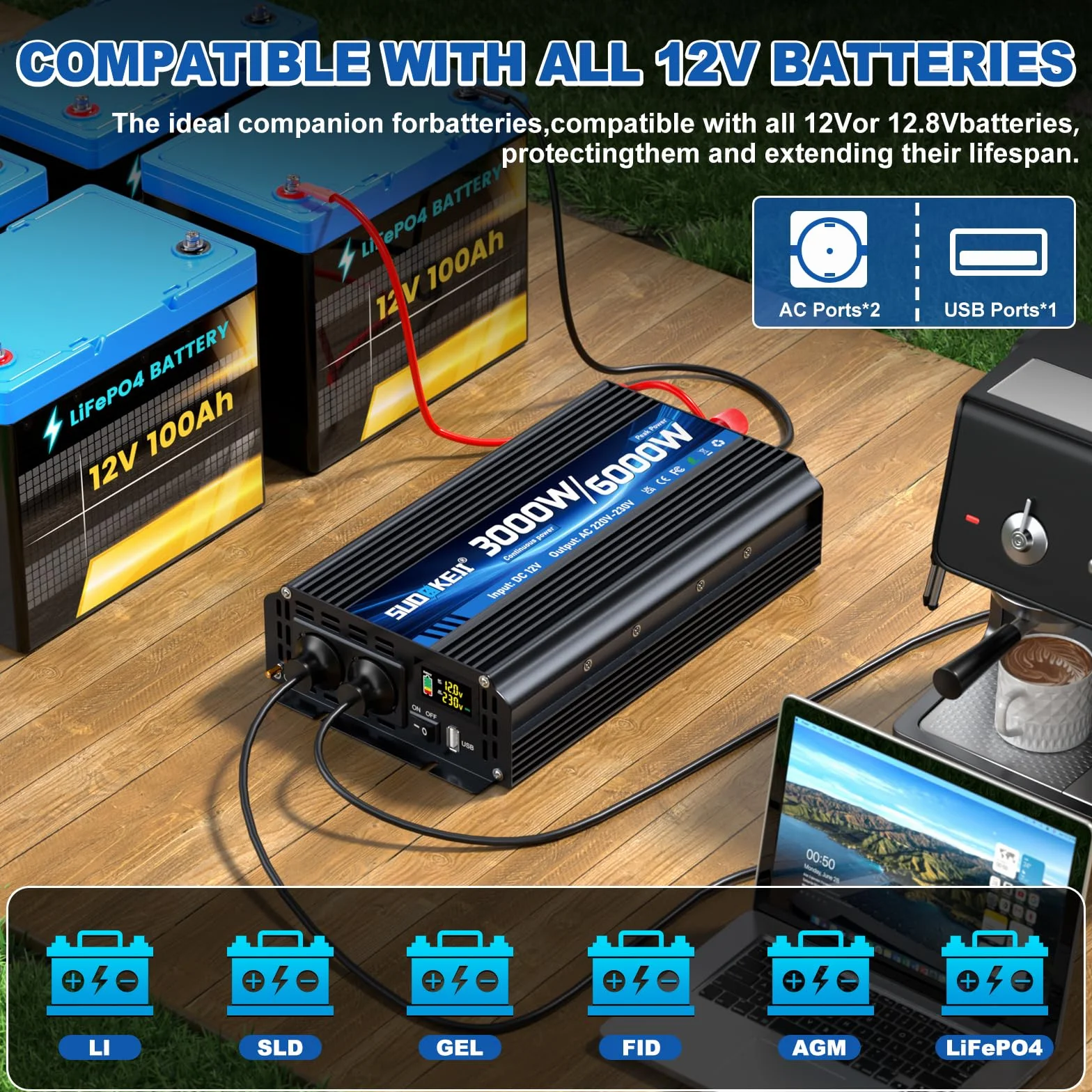 Inverter 12 V 230 V 3000 W/6000 W convertitore di tensione modificato Sinus Wave Inverter con 2 prese AC e porta USB e Type-C per auto camper veicoli