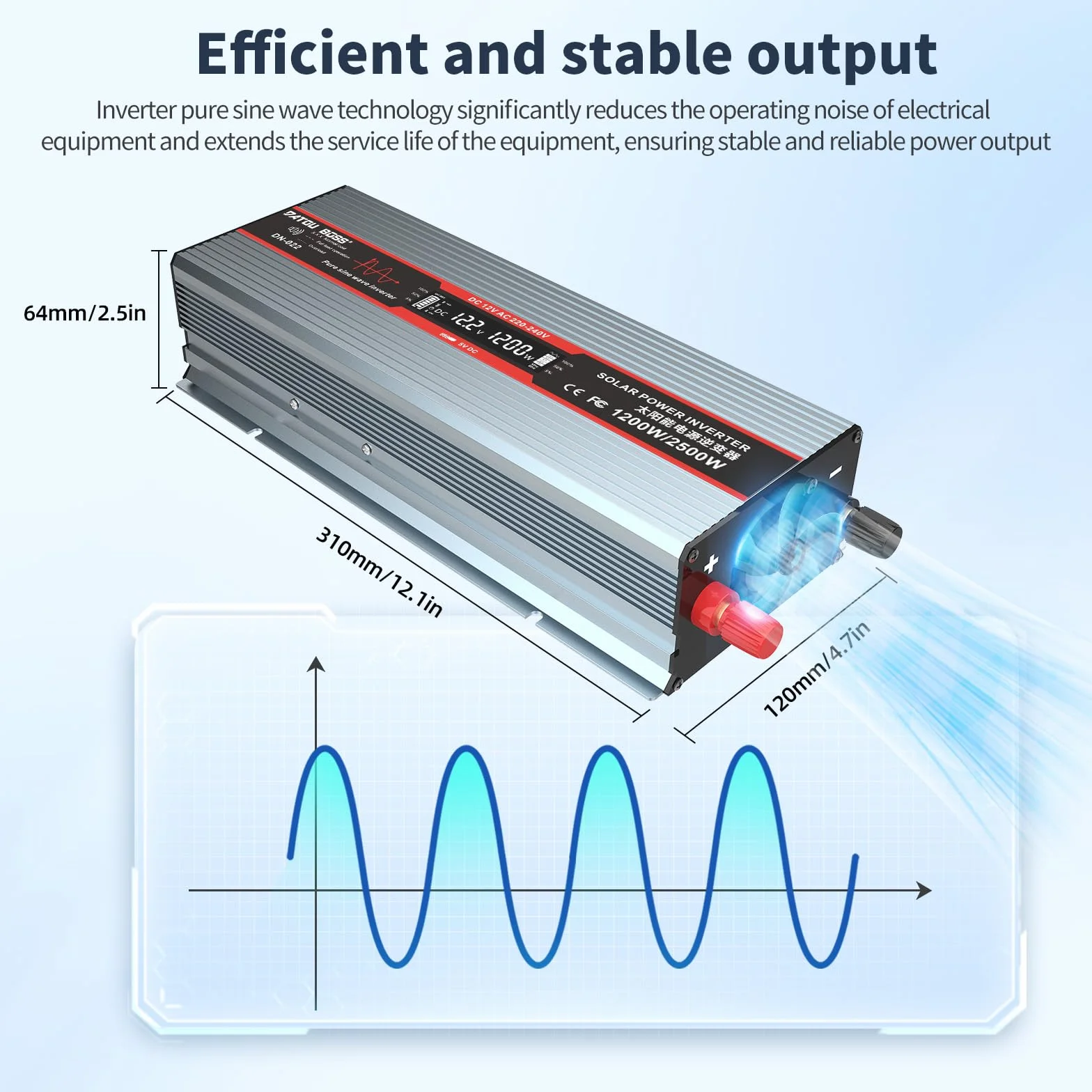 DATOUBOSS Inverter 12V 220V/230V Onda Sinusoidale Pura 1200W/2500W Convertitore di Tensione con Prese EU, Porte USB e Display LED per Auto, Camion, Roulotte, Elettrodomestici, Grigio