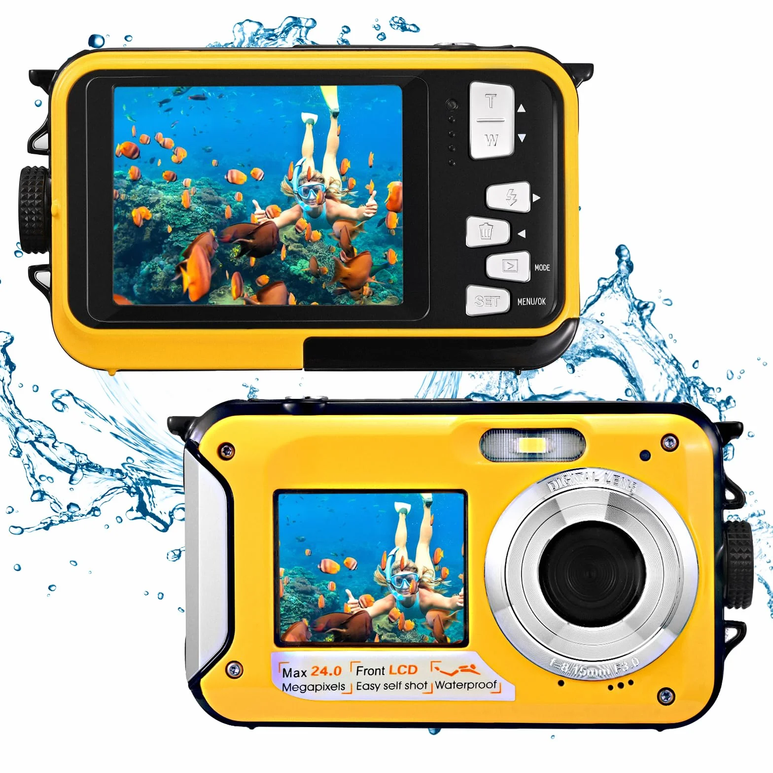 Fotocamera Digitale Impermeabile,Couleeur Macchina Fotografica Subacquea Full HD 2.7K 48MP Doppio Schermo Anti-Shake con Microfono LED Autoscatto e Zoom Digitale 16X per Bambini Adolescenti(giallo)